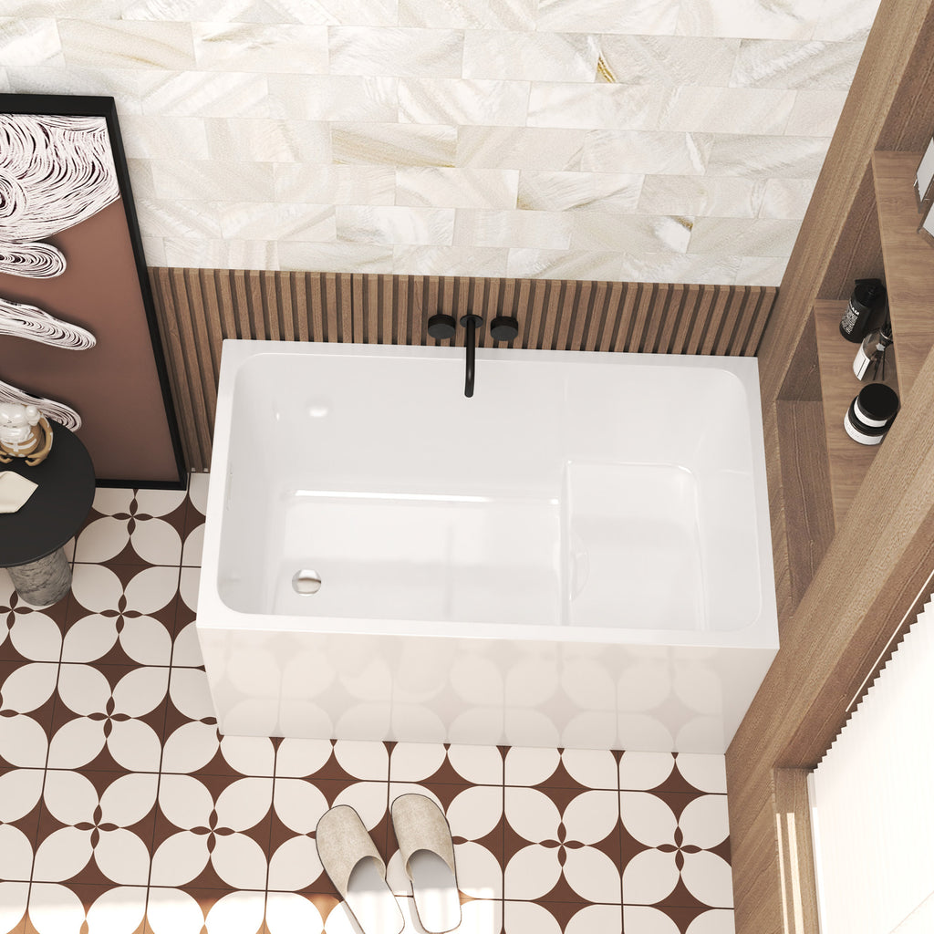 KZG 47-inch gloss white acrylic freestanding soaking tub with built-in seat and chrome fixtures — image 4