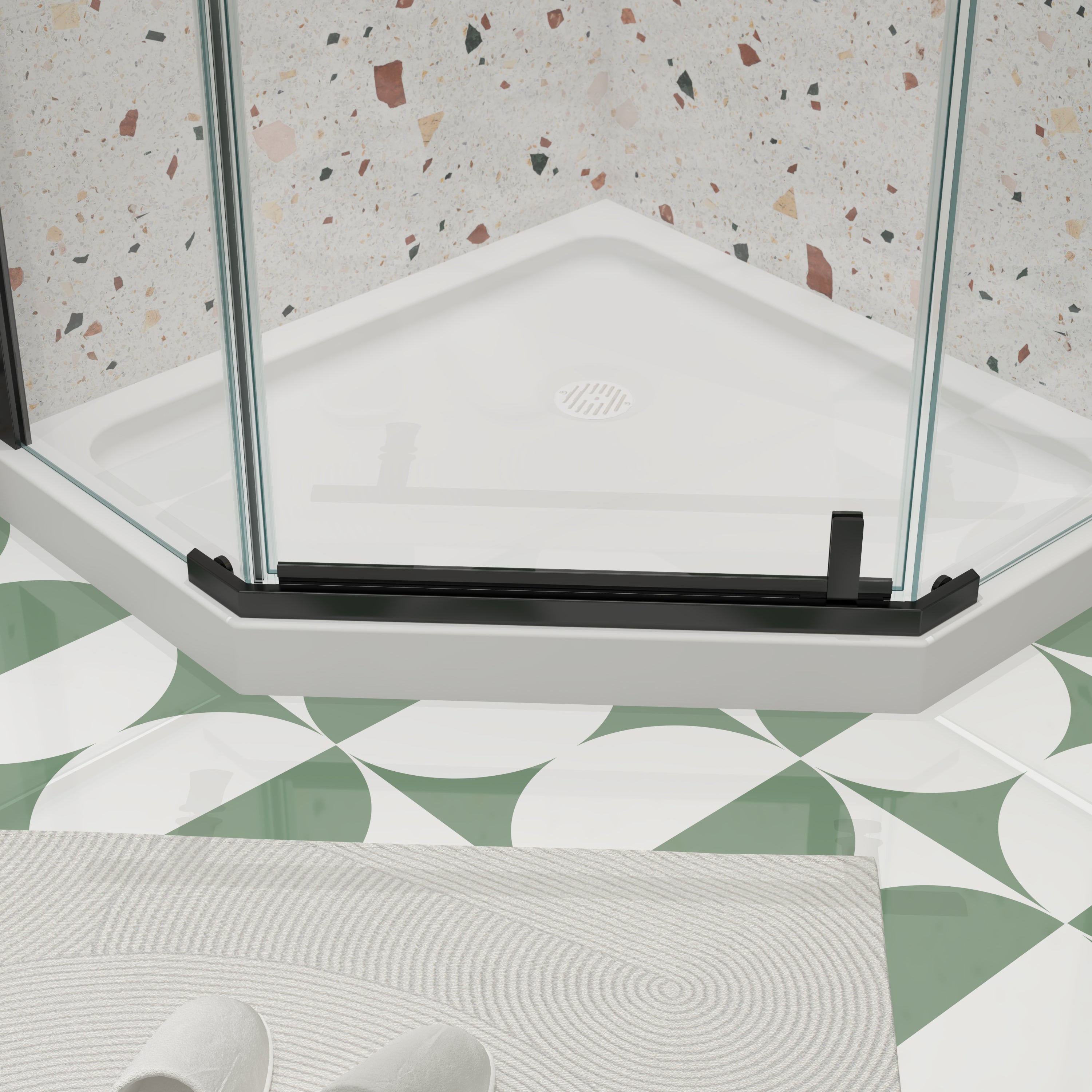 Matte black frameless neo-angle pivot shower door with tempered glass — image 6