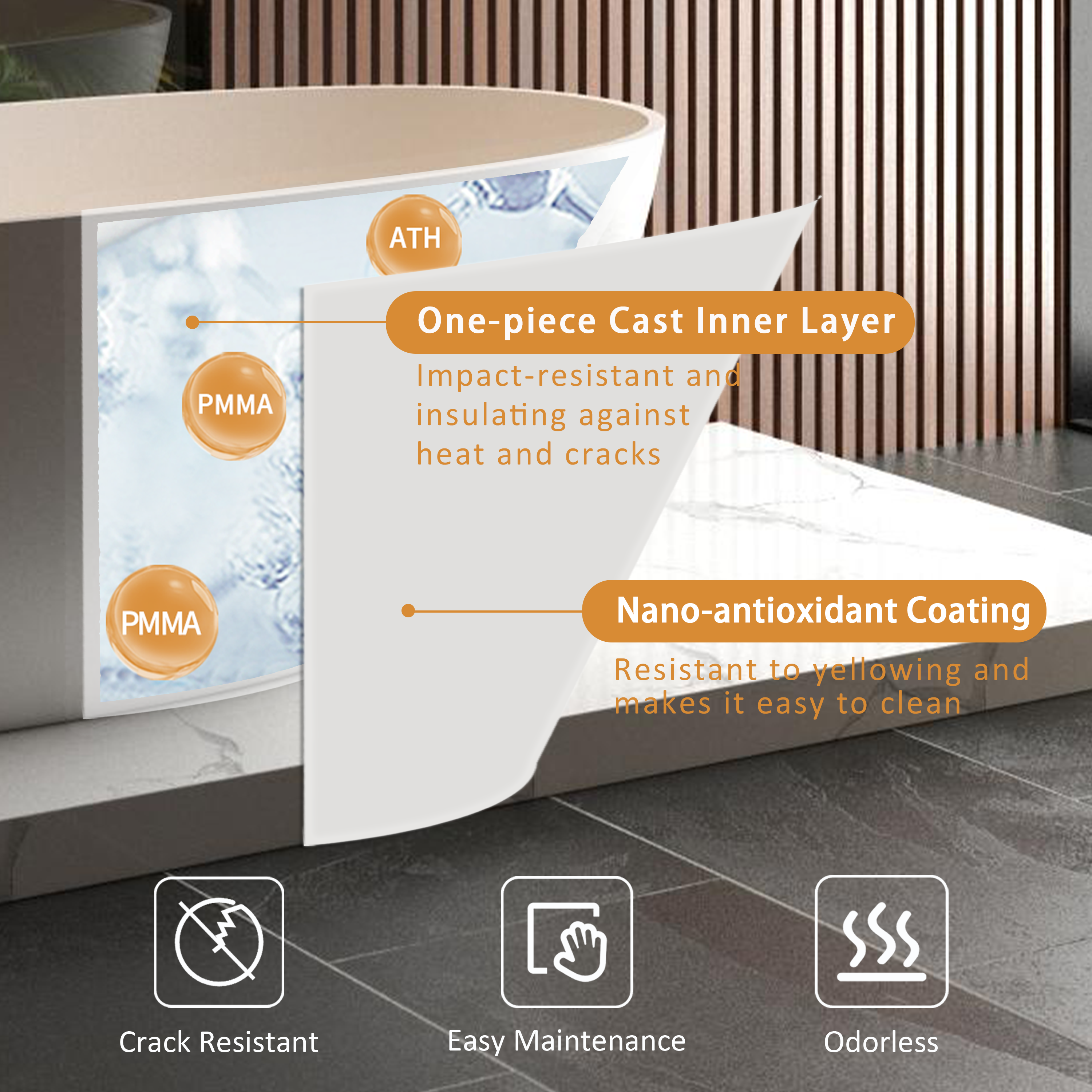 KZG 65in. freestanding soaking bathtub in matte white solid surface with overflow and pop-up drain — image 4