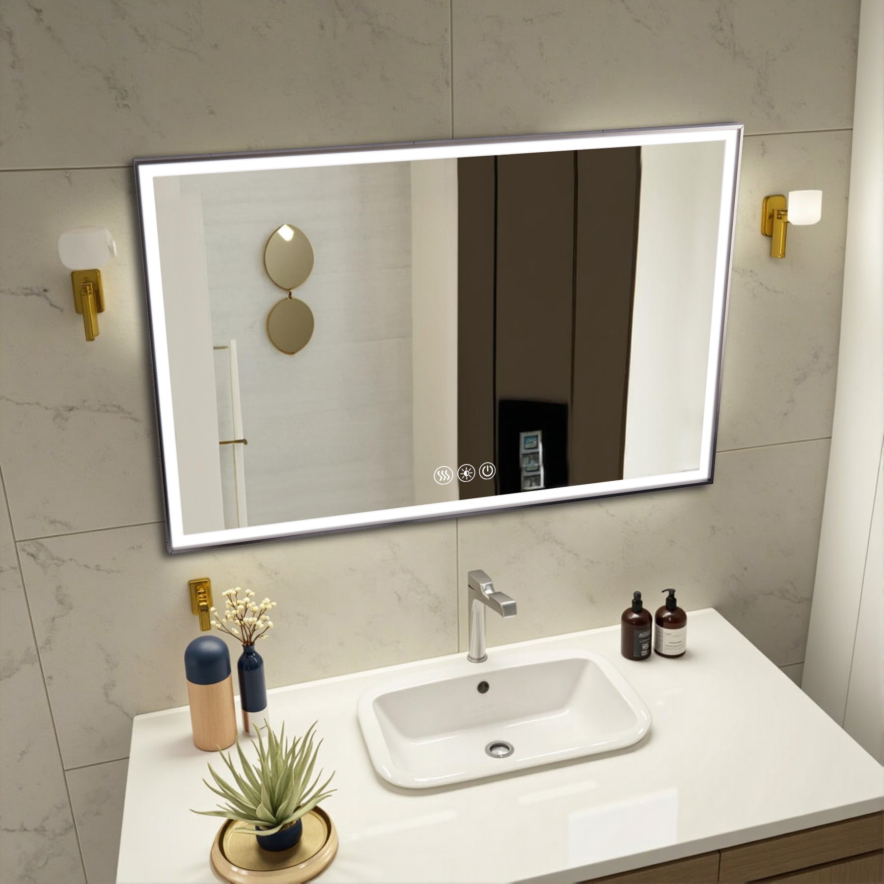 KZG modern LED bathroom vanity mirror, 48x32 in., silver aluminum frame with beveled lights and anti-fog coating — image 4