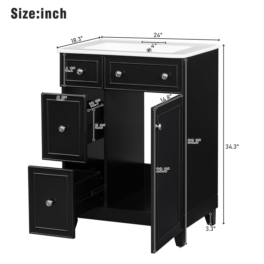 KZG 24-inch black transitional bathroom vanity cabinet with ceramic sink — image 3