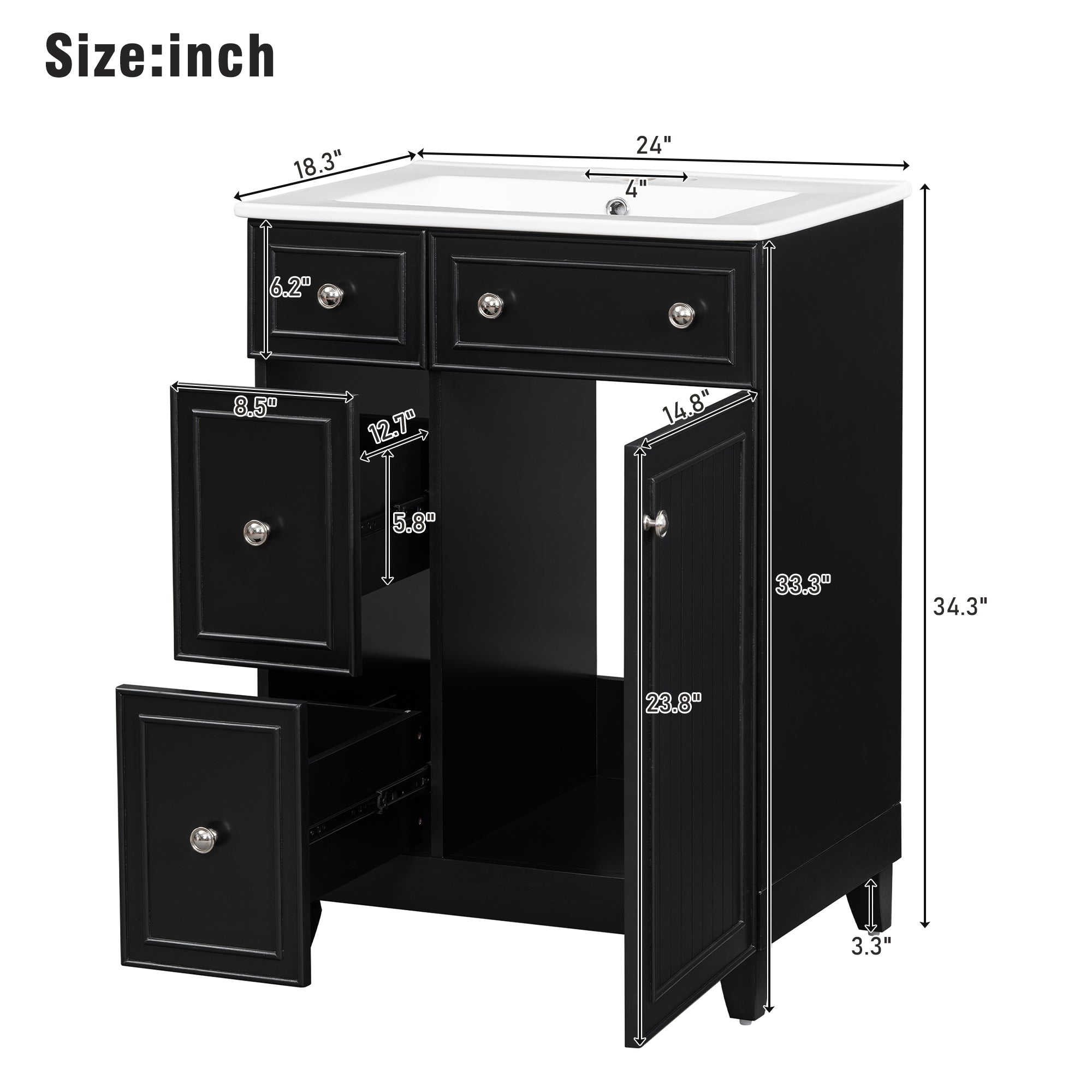 KZG 24-inch black transitional bathroom vanity cabinet with ceramic sink — image 3
