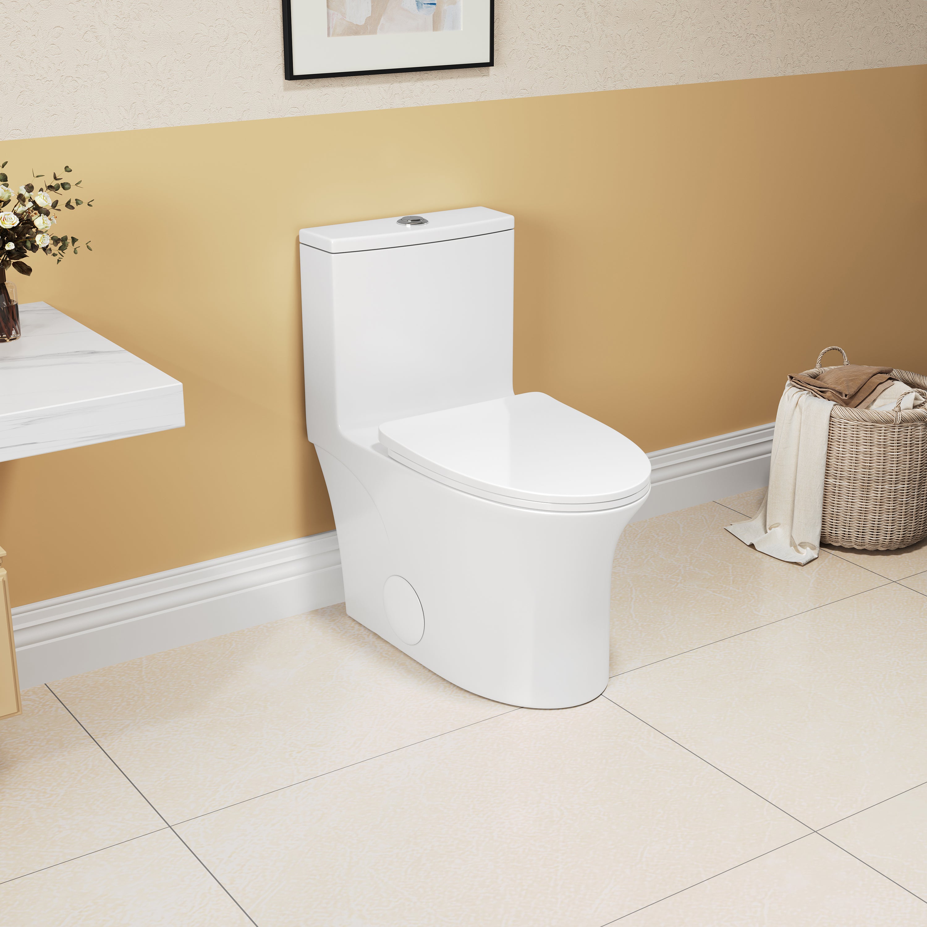 KZG elongated comfort height one-piece white ceramic toilet with soft close seat — image 1