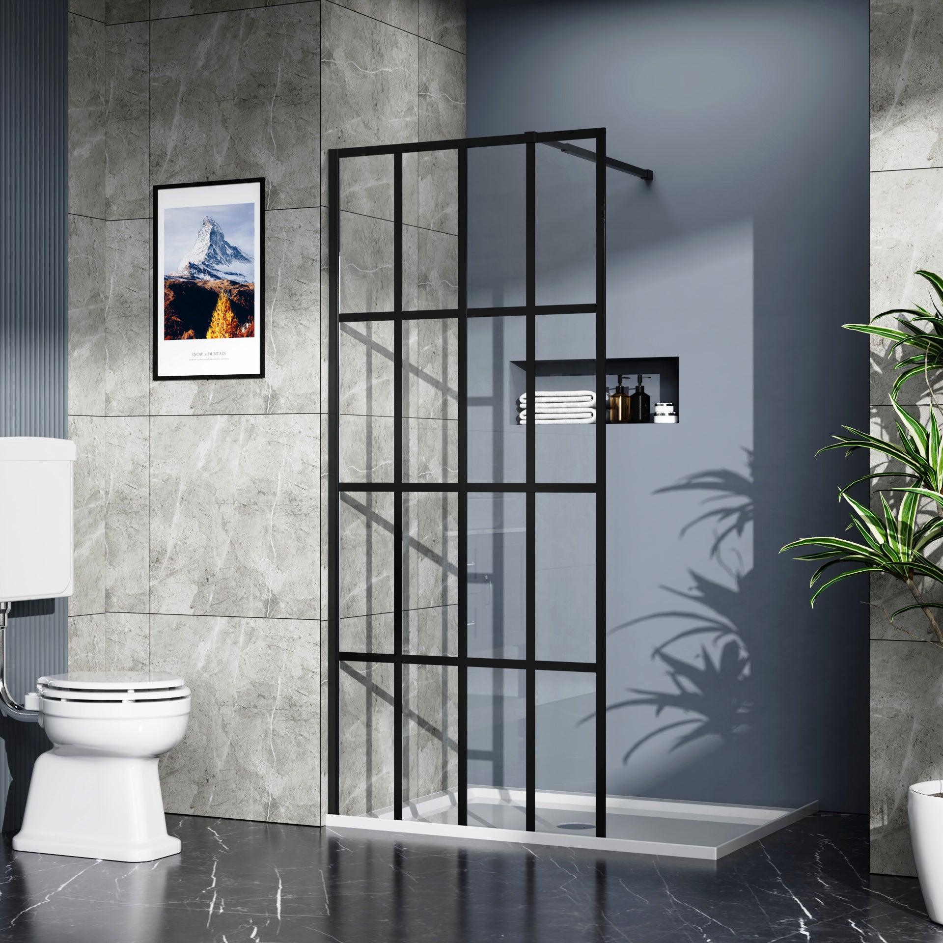 Black aluminum shower screen panel with tempered glass — image 4