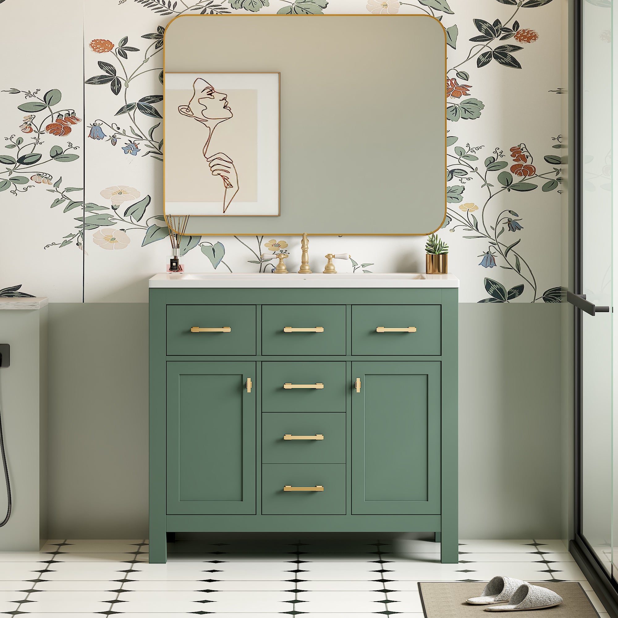KZG 36in modern green bathroom vanity with ceramic sink and soft-close doors — image 2
