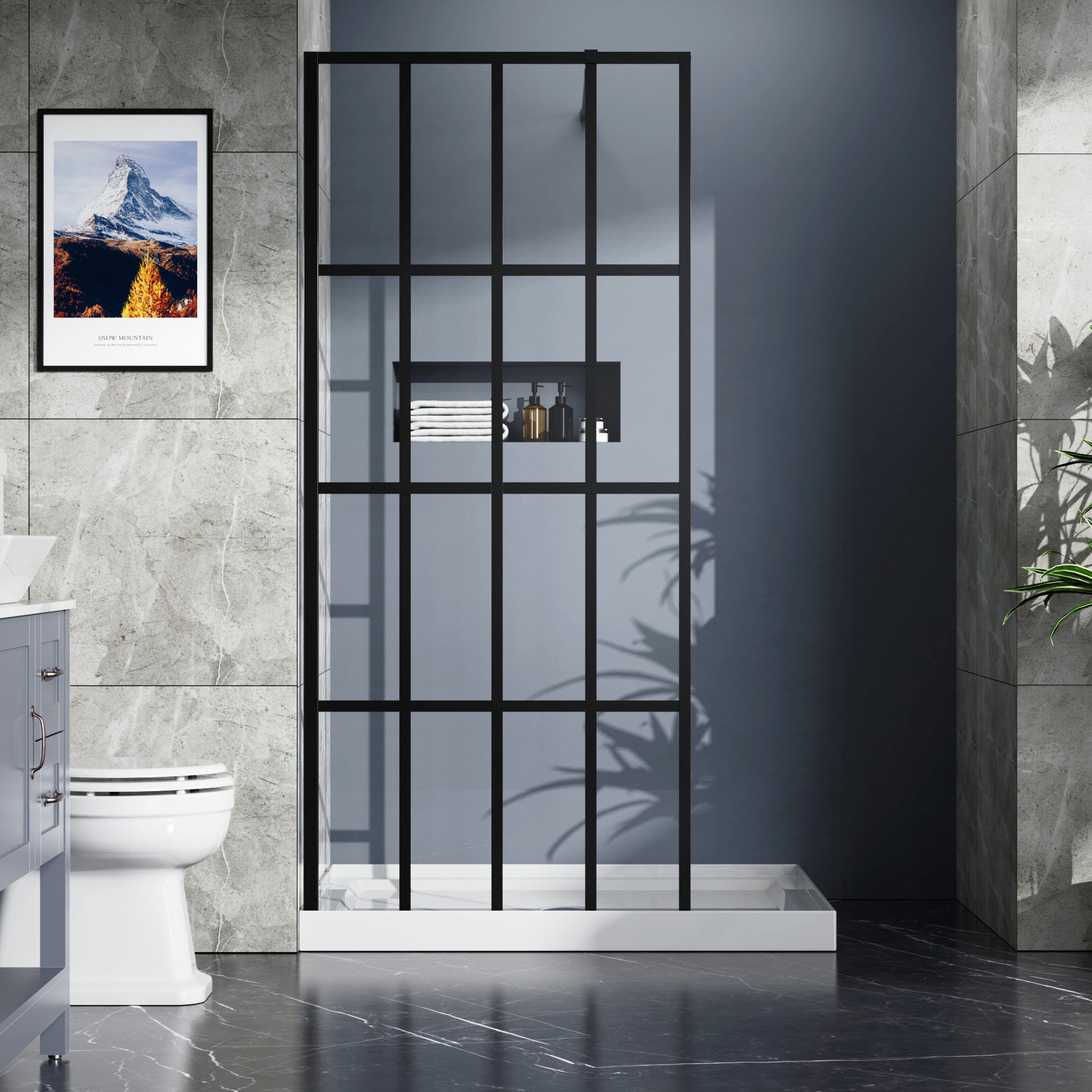 Black aluminum shower screen panel with tempered glass — image 2