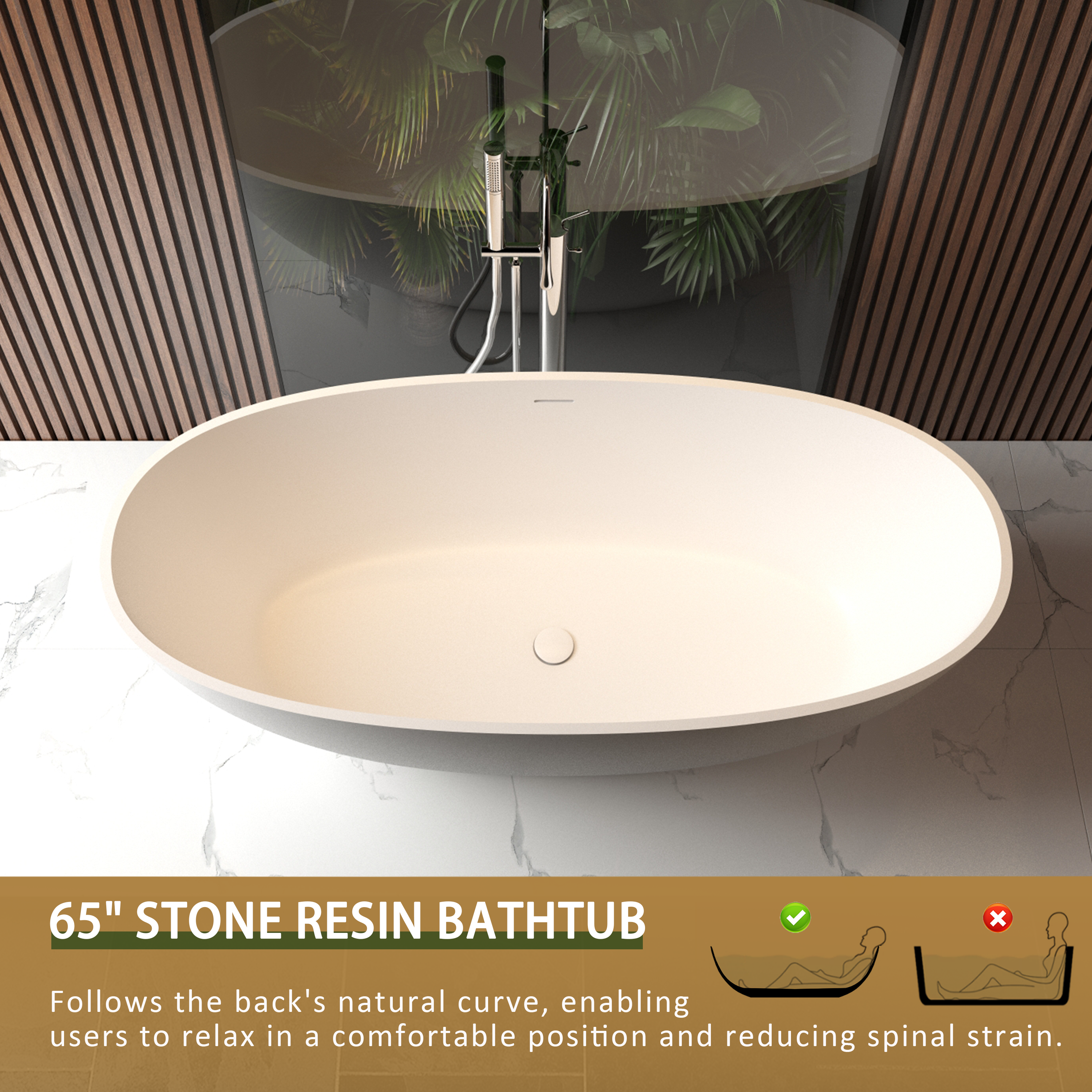 KZG 65in. freestanding soaking bathtub in matte white solid surface with overflow and pop-up drain — image 3