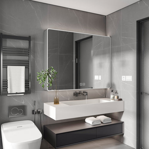 Grey aluminum medicine cabinet with LED light and defogging mirror — image 2