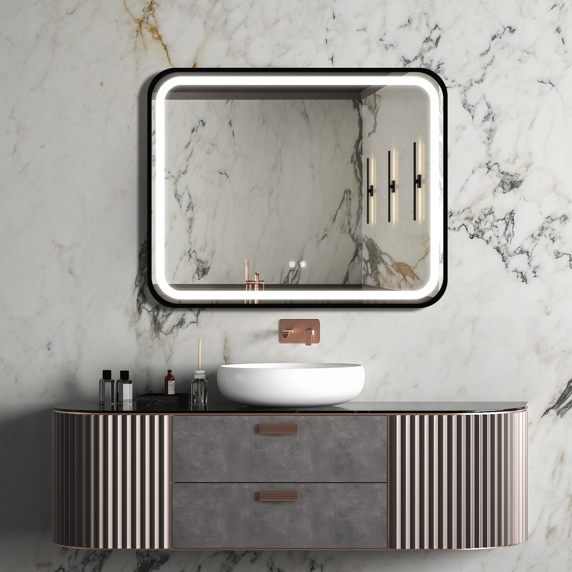 Matte black LED vanity mirror with dimmable lighting and anti-fog — image 2