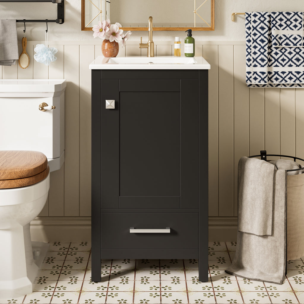 Black modern bathroom vanity with ceramic sink and soft-close drawers — image 5