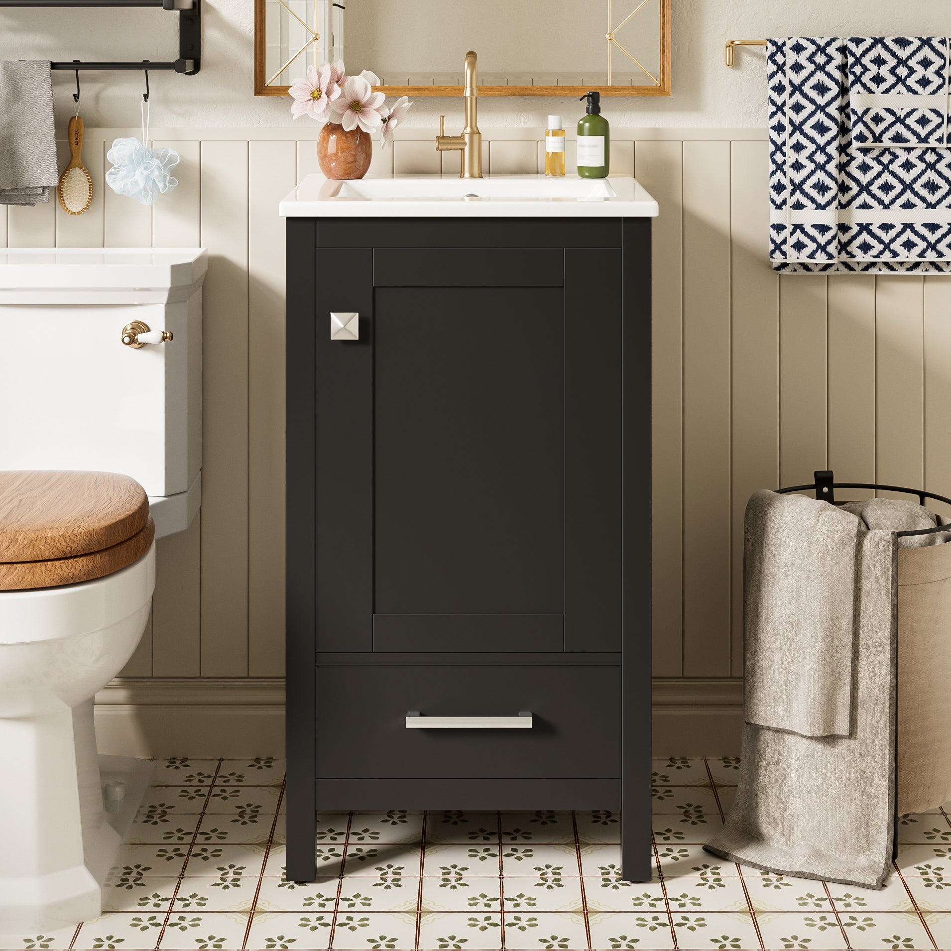 Black modern bathroom vanity with ceramic sink and soft-close drawers — image 5