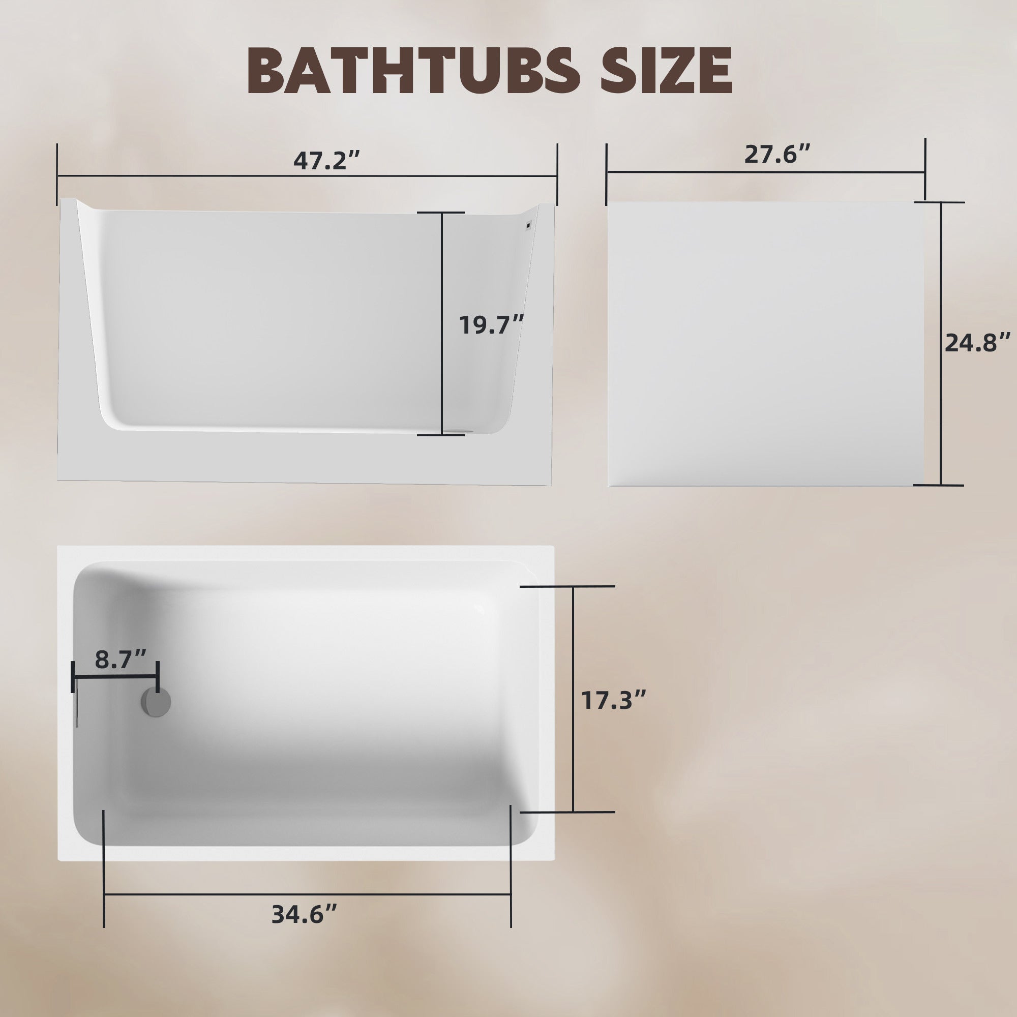 KZG 47 in. gloss white acrylic freestanding soaking bathtub with chrome drain — image 3