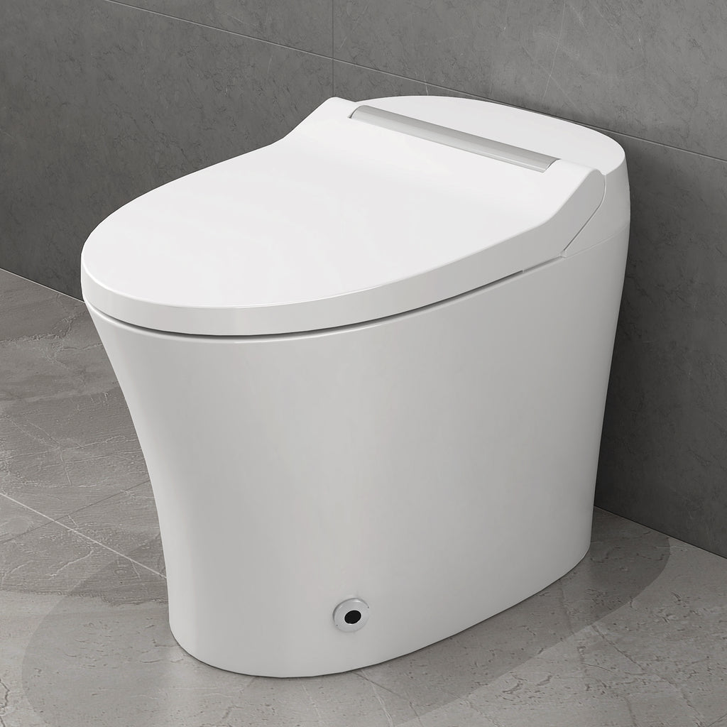 Smart elongated white ceramic toilet with heated seat and dual flush — image 1