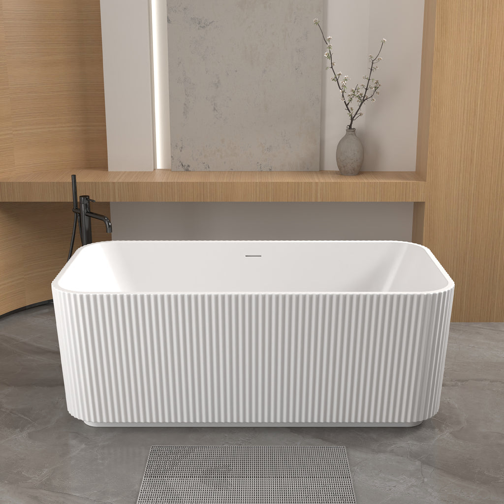 KZG 59 in. rectangle linear acrylic freestanding soaker tub in glossy white with chrome pop-up drain — image 2