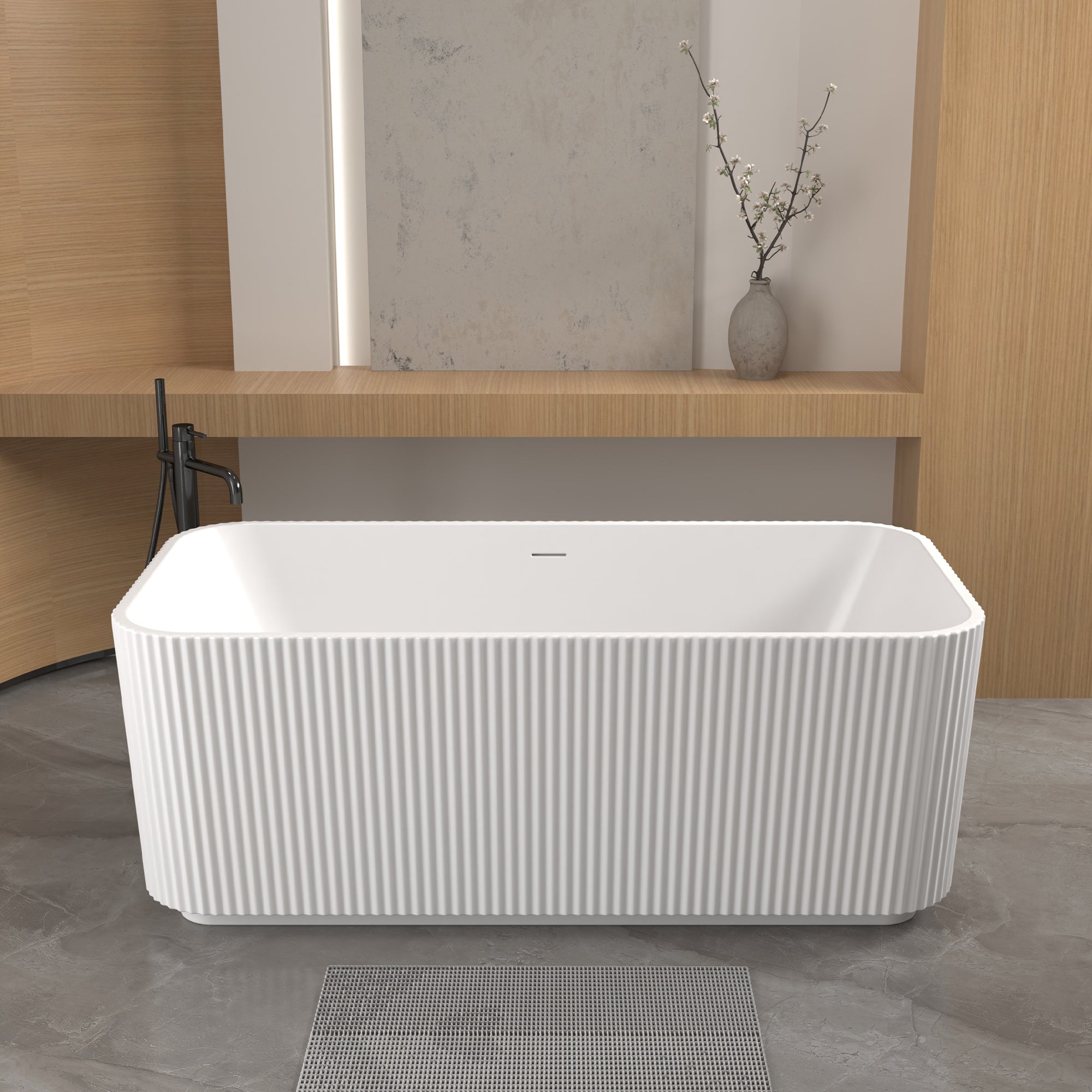 KZG 59 in. rectangle linear acrylic freestanding soaker tub in glossy white with chrome pop-up drain — image 2