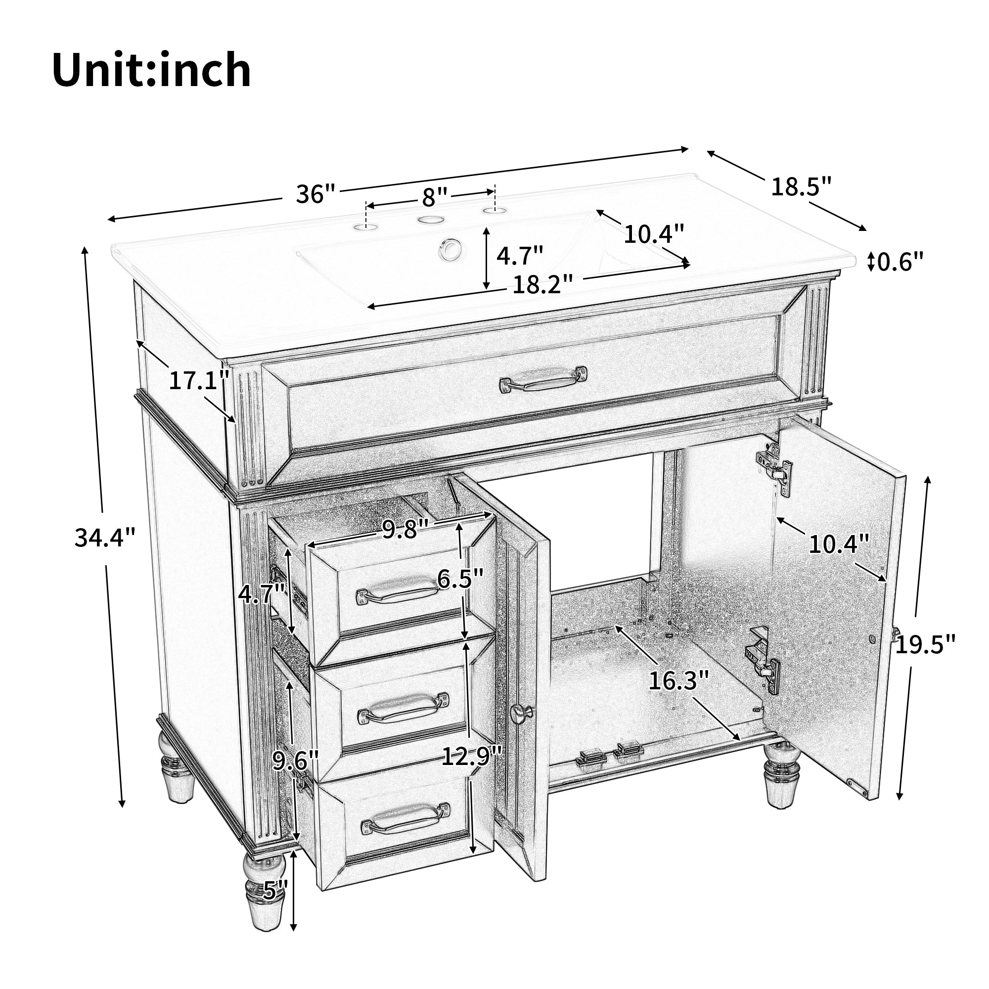 KZG 36-inch black bathroom vanity with ceramic sink and drawer storage — image 3