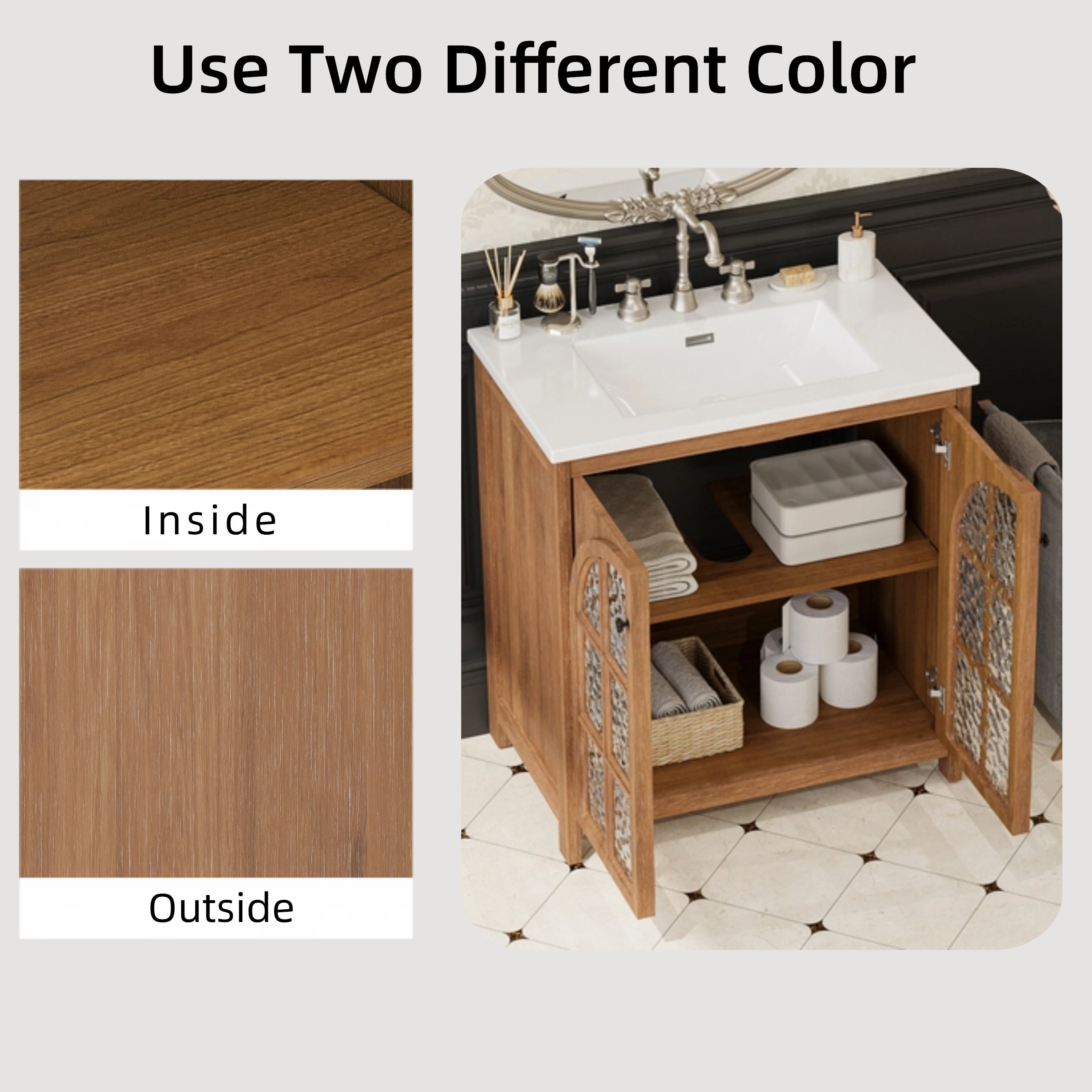 KZG 31 inch vintage rustic bathroom vanity with ceramic sink in antique natural finish — image 7