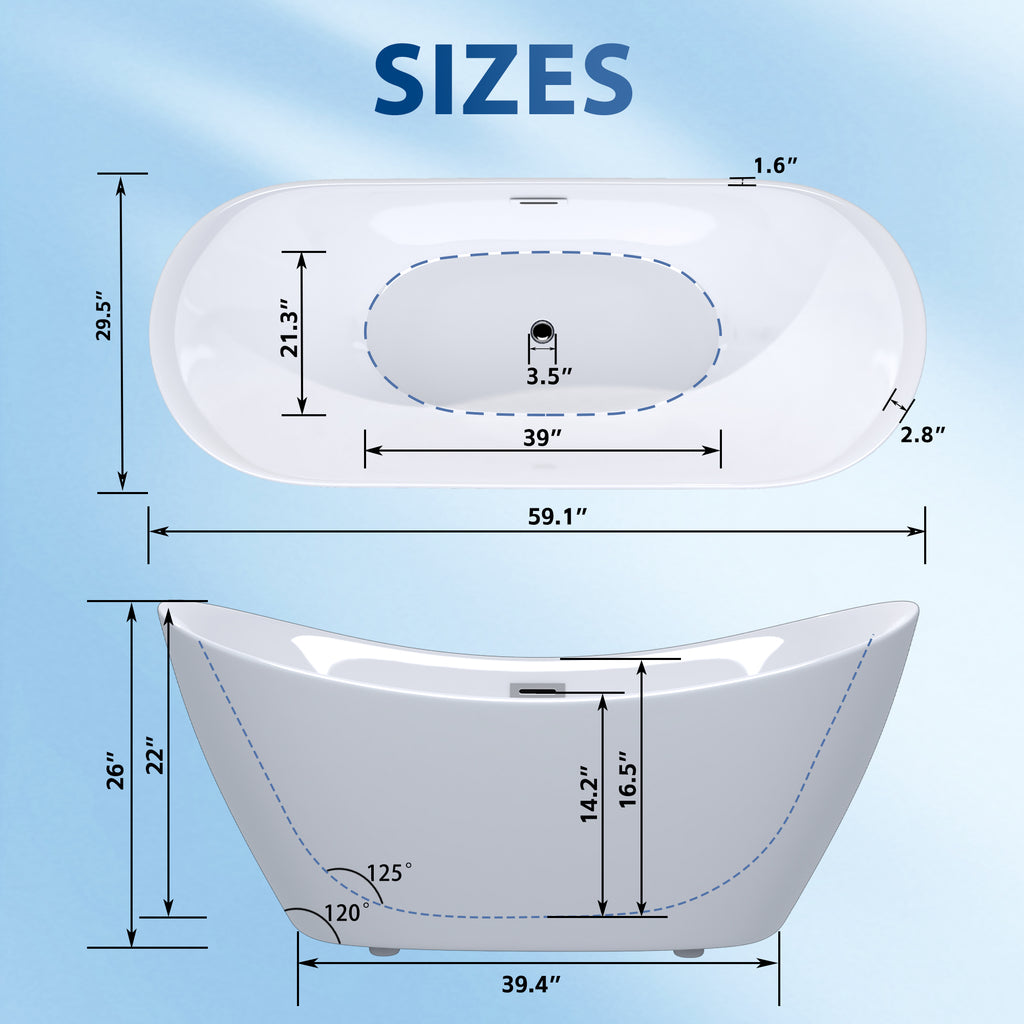 KZG modern acrylic freestanding soaking tub in gloss white with chrome overflow and drain — image 3