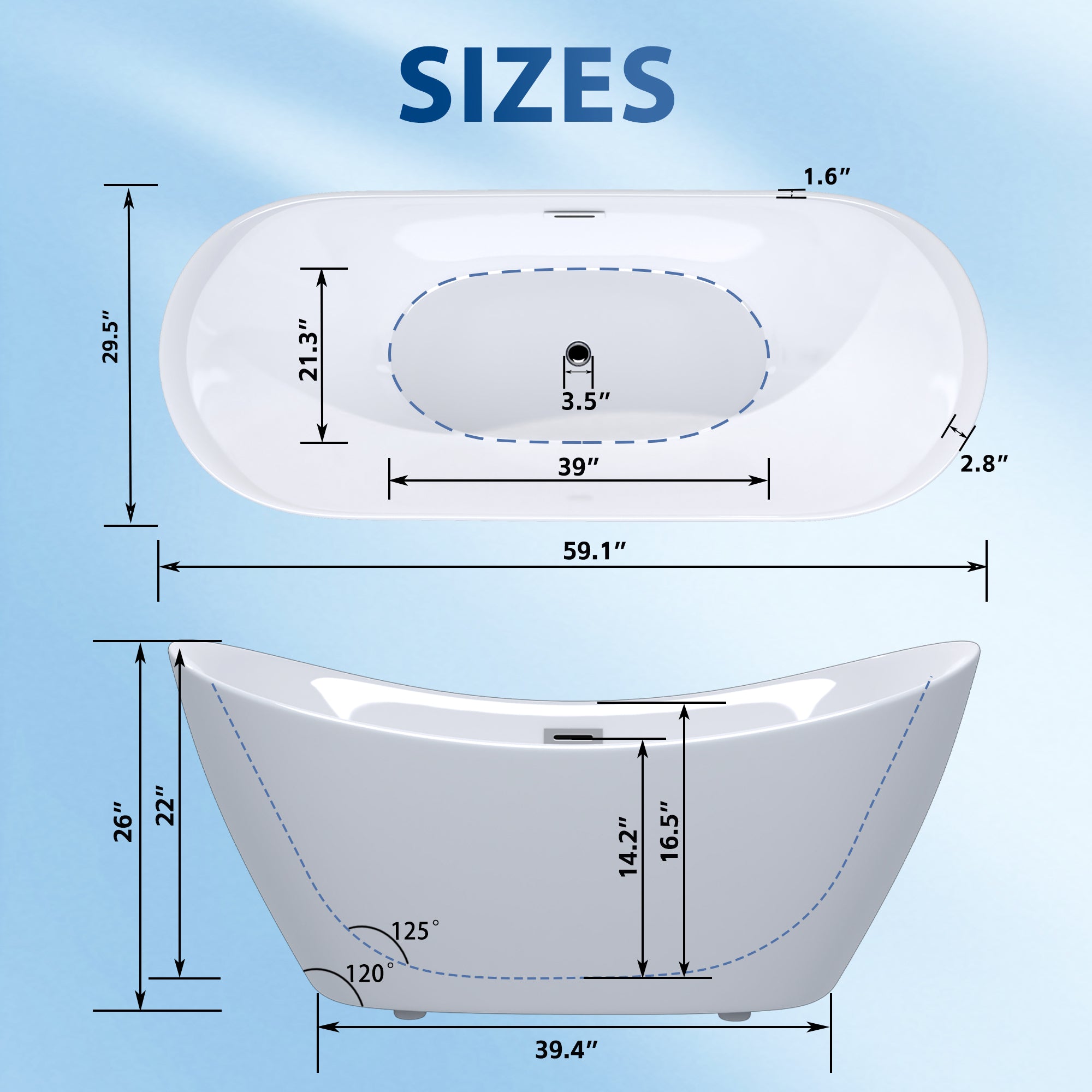 KZG modern acrylic freestanding soaking tub in gloss white with chrome overflow and drain — image 3