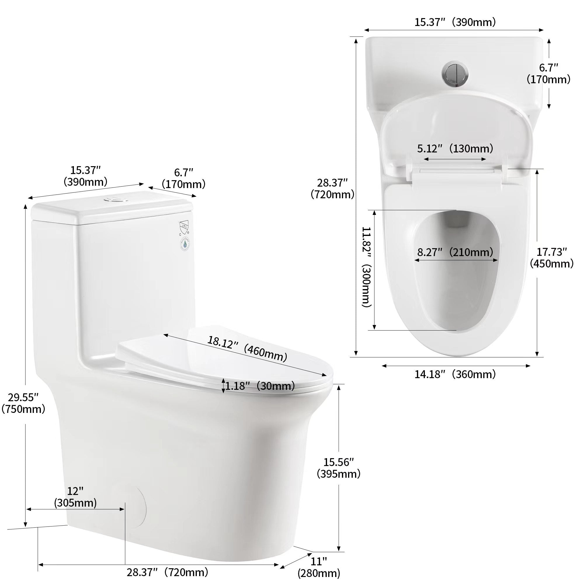 KZG elongated comfort height one-piece toilet in white ceramic with soft close seat — image 6