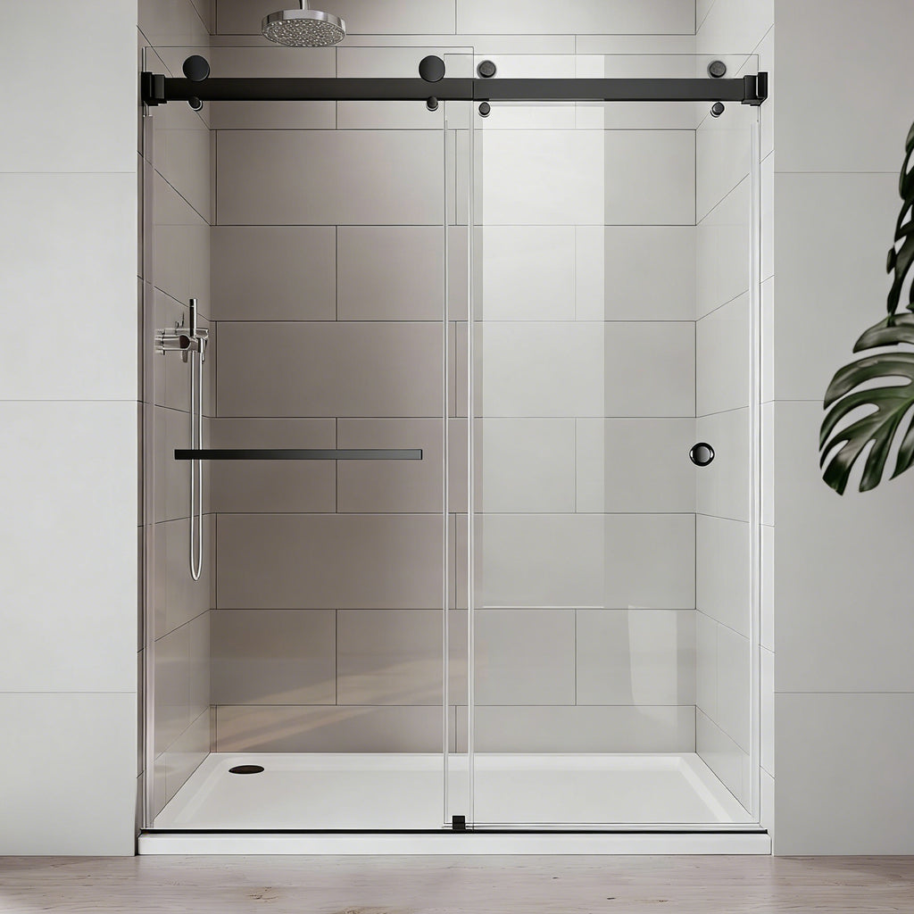 KZG 55-59 inch frameless double sliding shower door in matte black with tempered glass — image 1