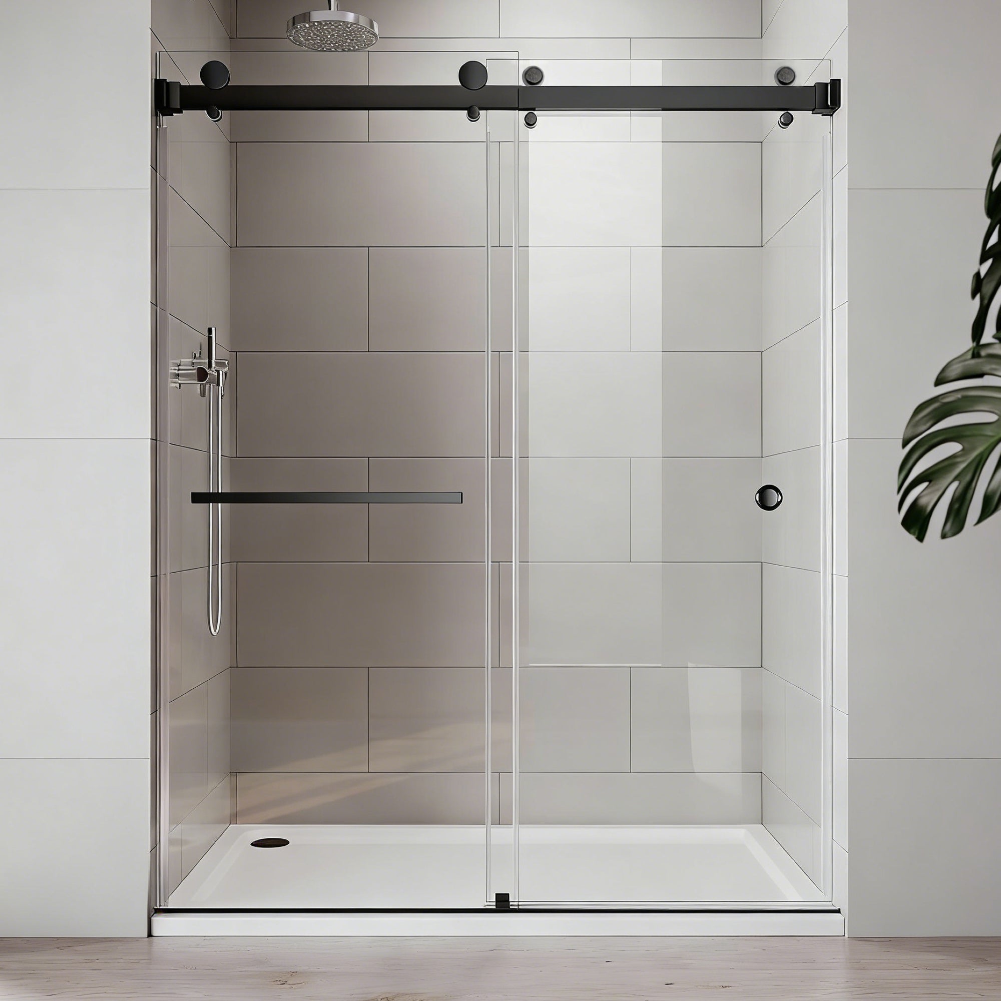 KZG 55-59 inch frameless double sliding shower door in matte black with tempered glass — image 1