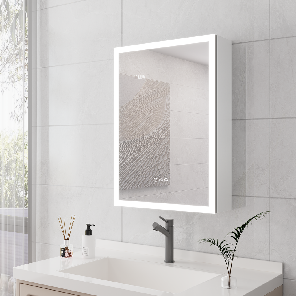KZG 28x20 inch silver aluminum LED medicine cabinet with defogger and digital clock display — image 6
