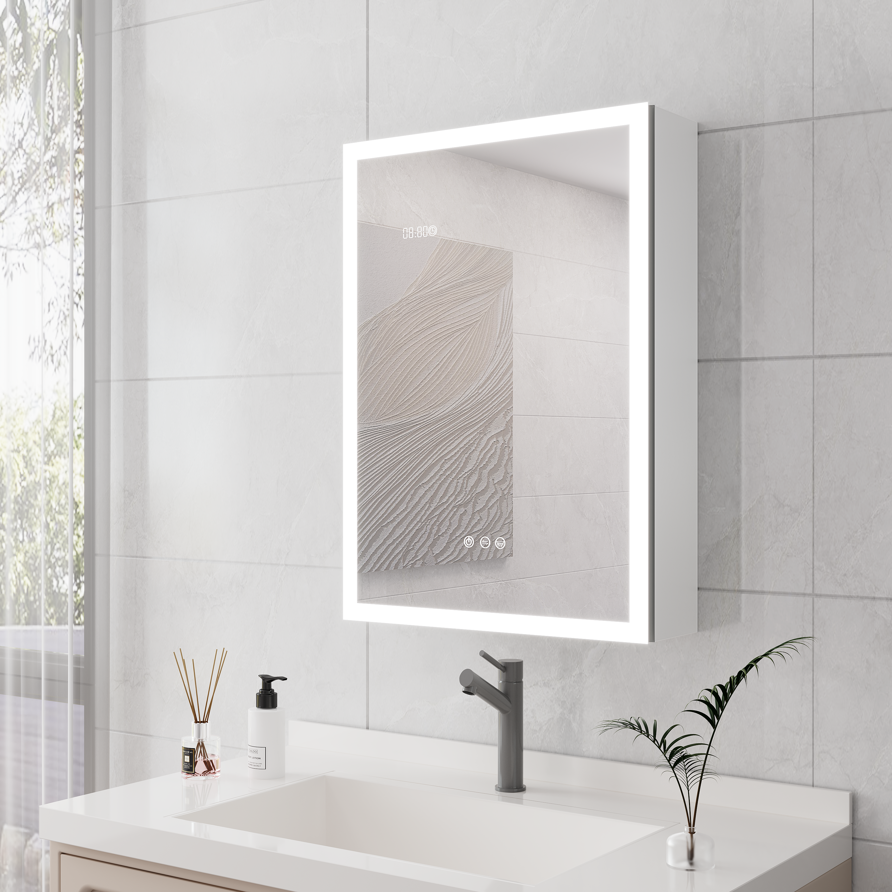 KZG 28x20 inch silver aluminum LED medicine cabinet with defogger and digital clock display — image 6