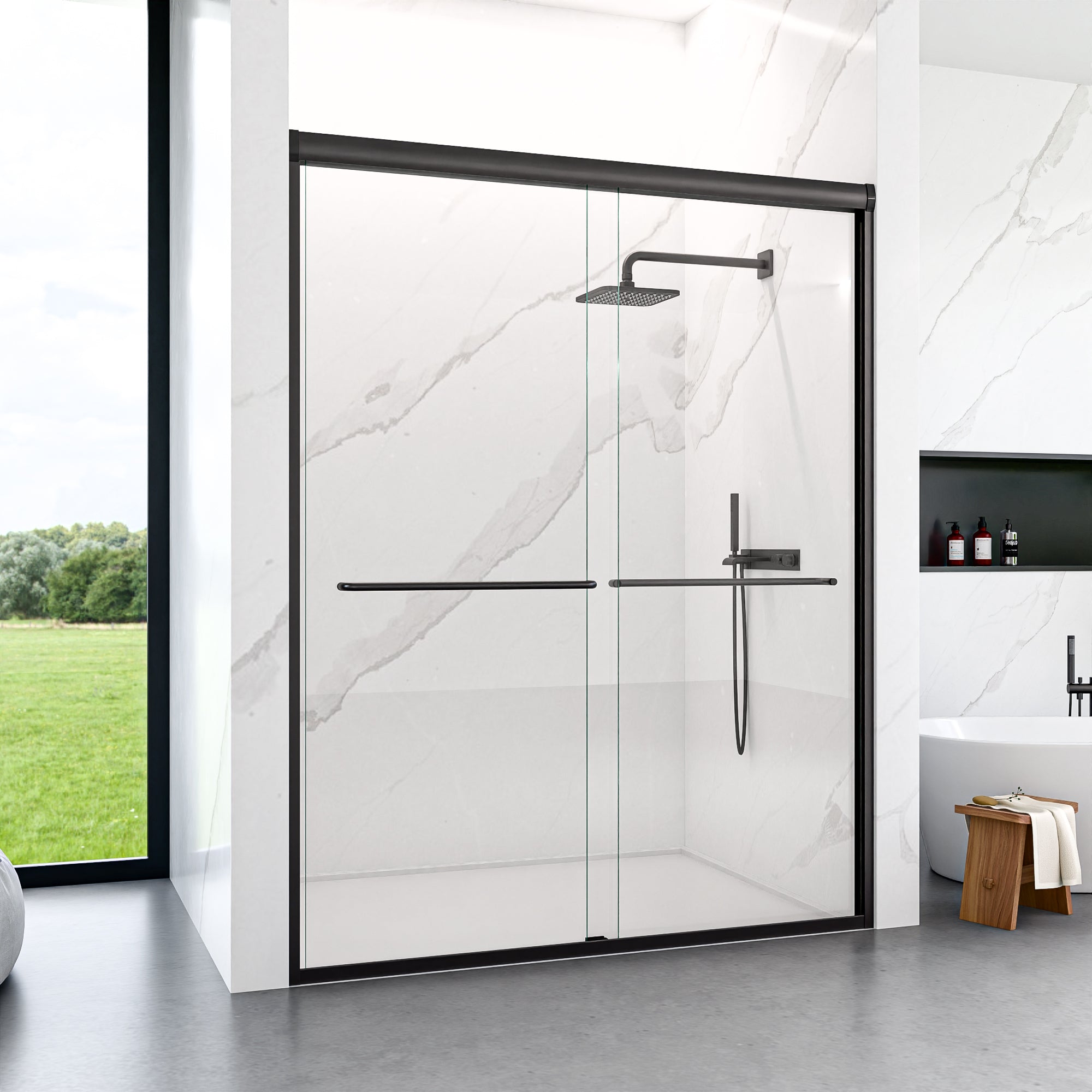 KZG modern semi-frameless double sliding shower door in matte black, 56-60 in. wide with 1/4 in. tempered glass — image 4