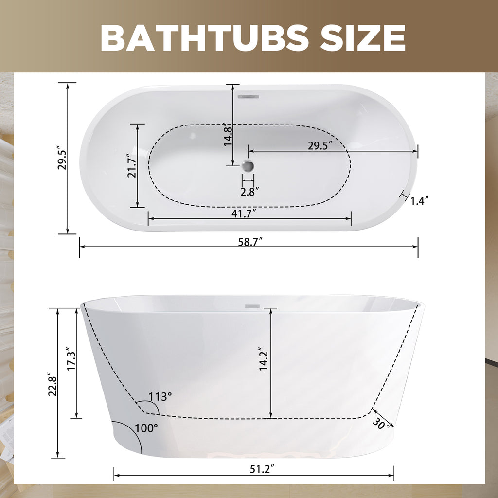 KZG 59 in. glossy white acrylic freestanding soaking tub with chrome drain — image 3
