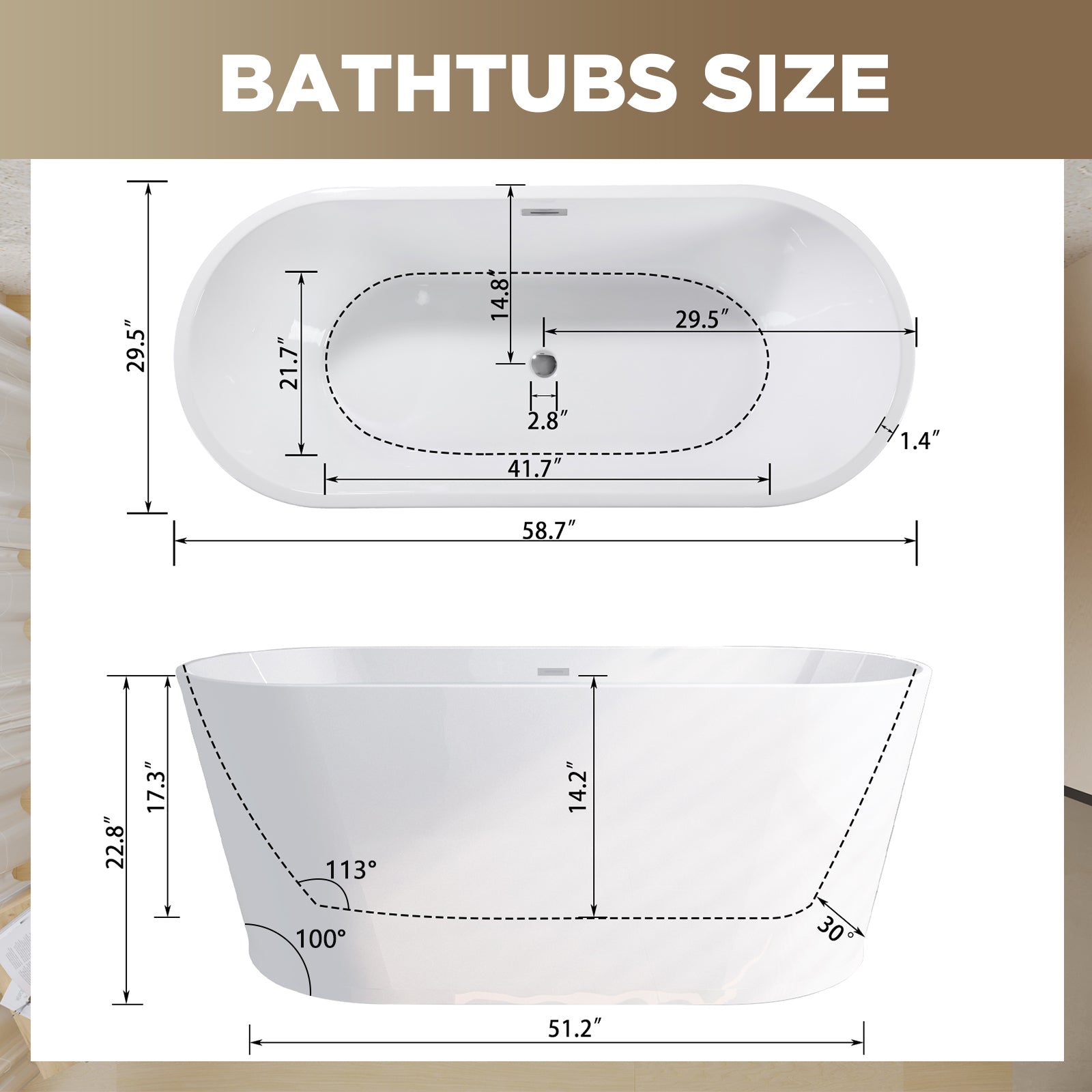 KZG 59 in. glossy white acrylic freestanding soaking tub with chrome drain — image 3