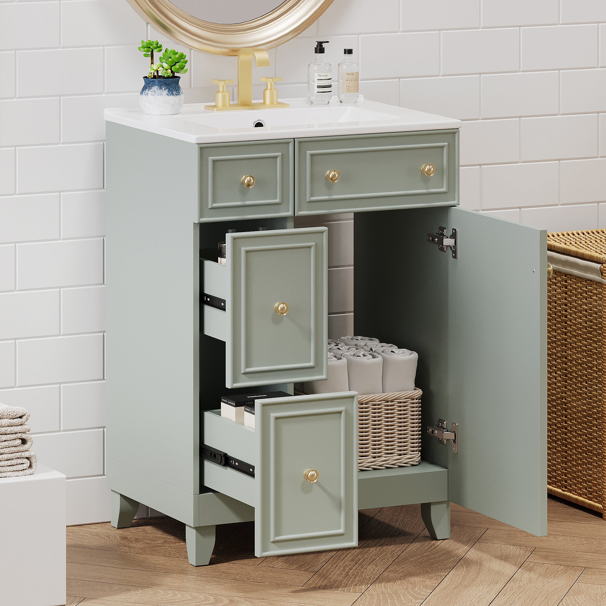 KZG 24-inch green transitional bathroom vanity cabinet with ceramic sink — image 5