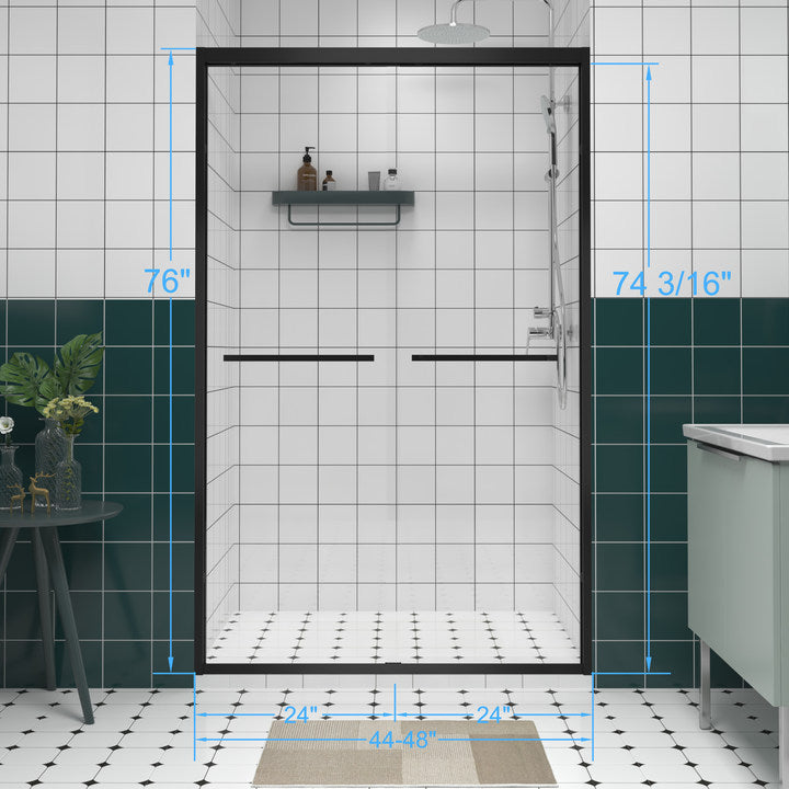 KZG 48-inch matte black bypass sliding shower door with clear tempered glass — image 2