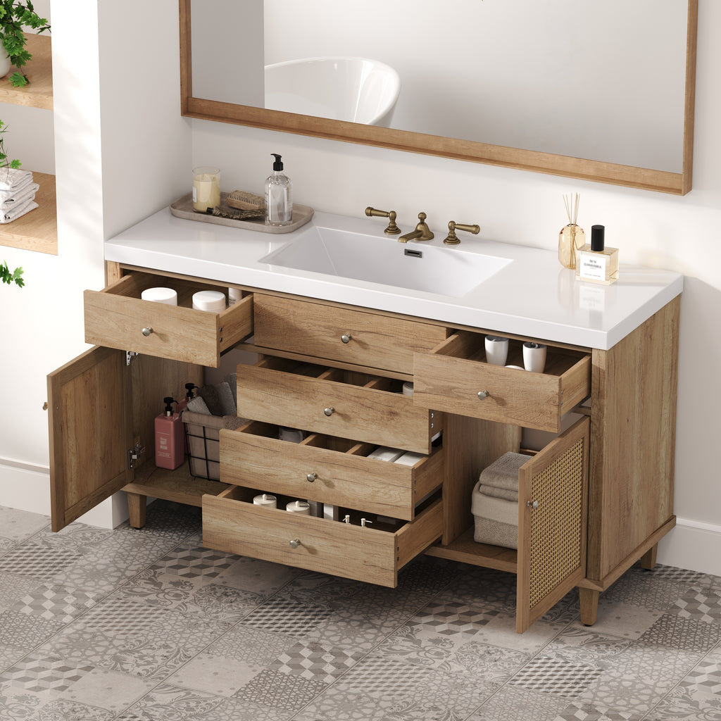 Natural wood grain bathroom vanity with SMC sink and rattan doors — image 4