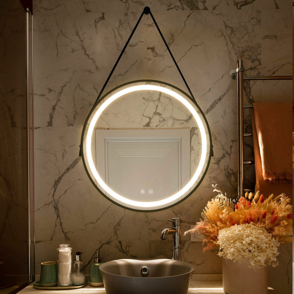 KZG 32-inch square LED vanity mirror with black aluminum frame and dimmable backlight — image 1