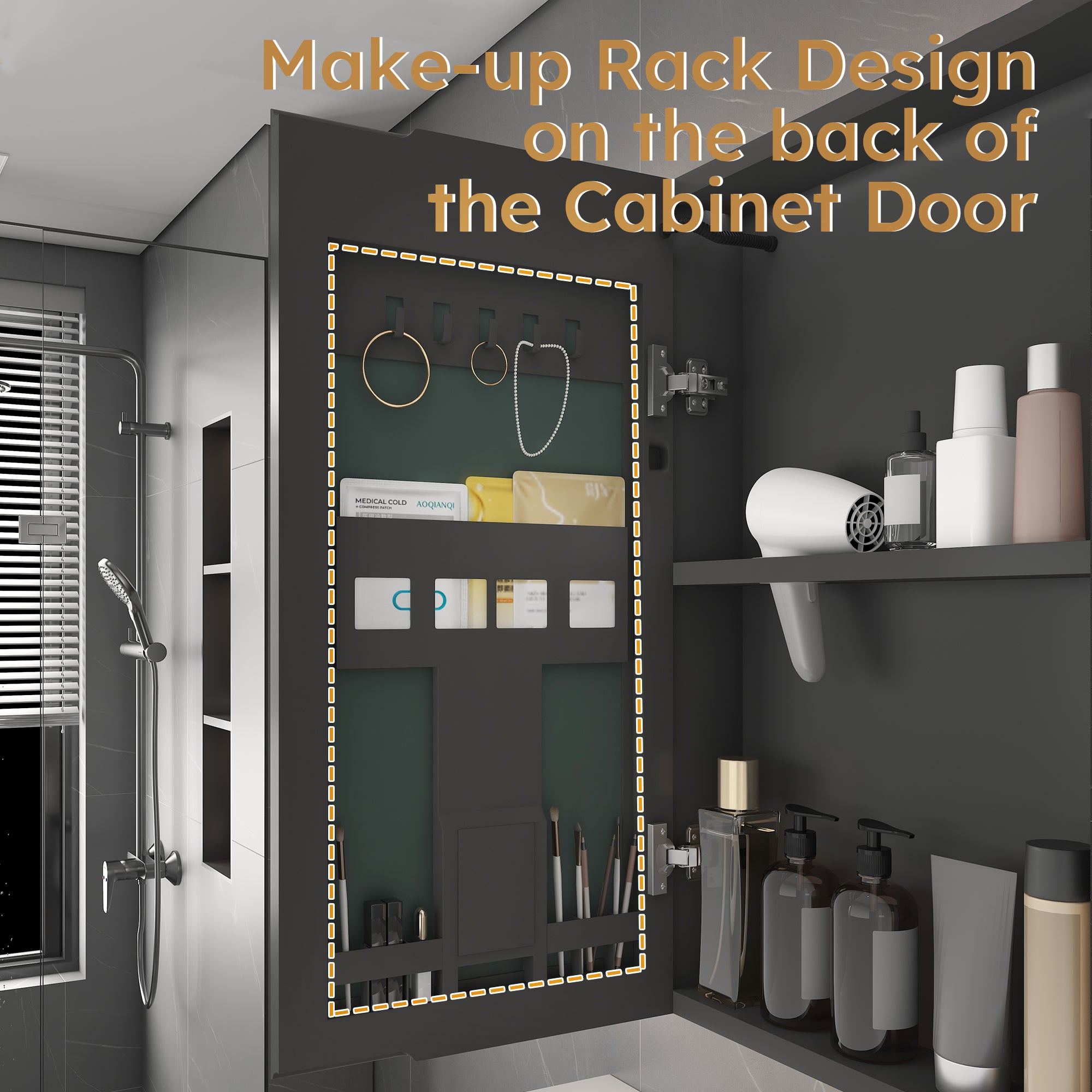 Grey aluminum medicine cabinet with LED light and defogging mirror — image 7
