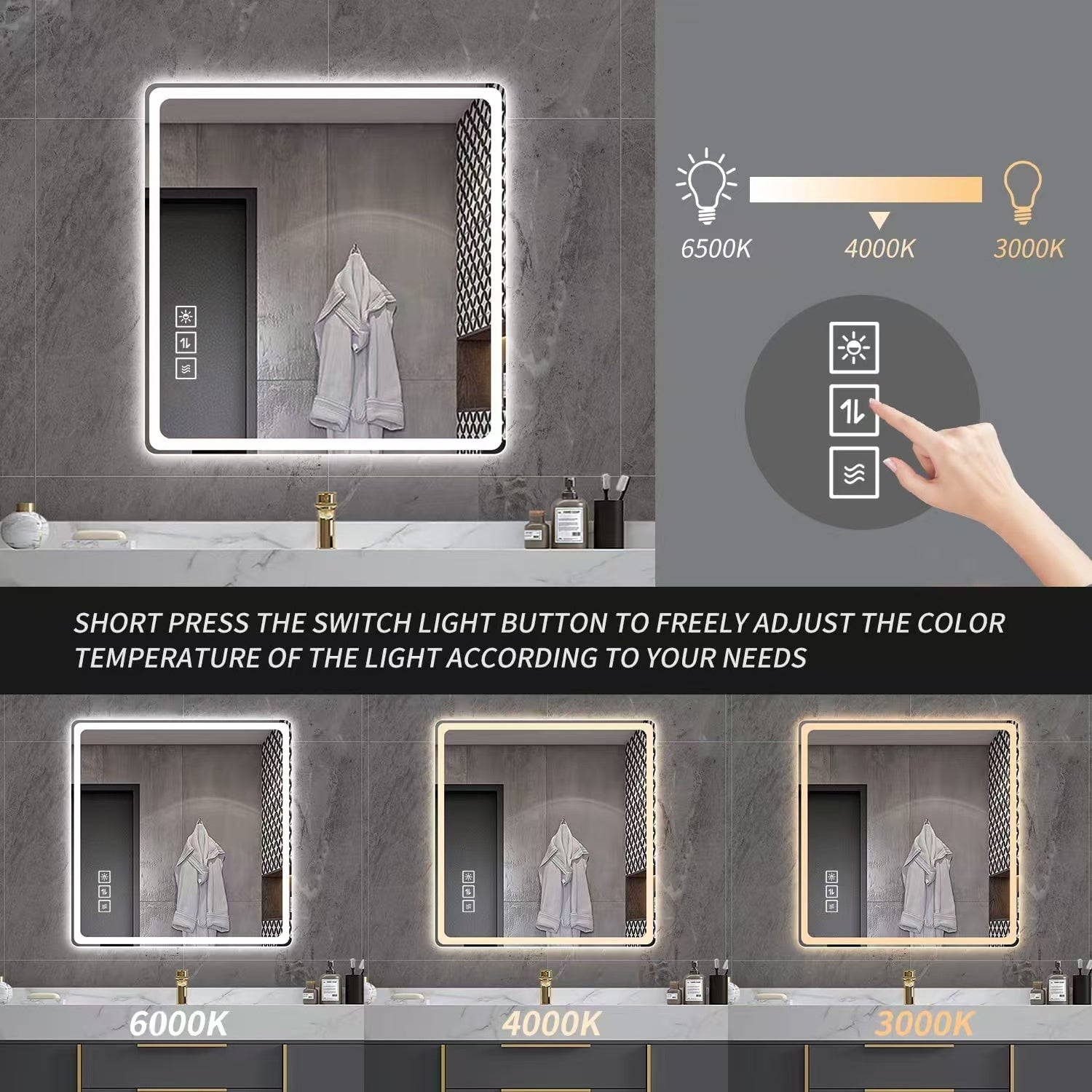Dimmable LED bathroom mirror with anti-fog silver glass — 36 in. square — image 6