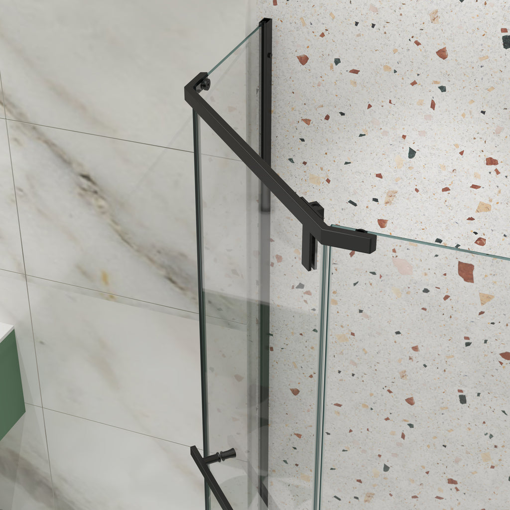 Matte black frameless neo-angle pivot shower door with tempered glass — image 5