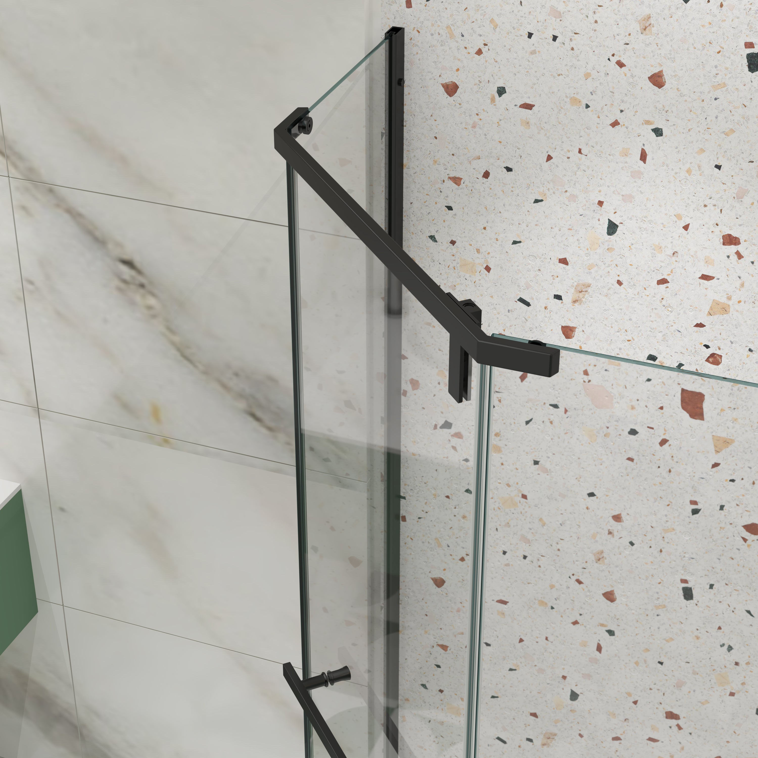Matte black frameless neo-angle pivot shower door with tempered glass — image 5