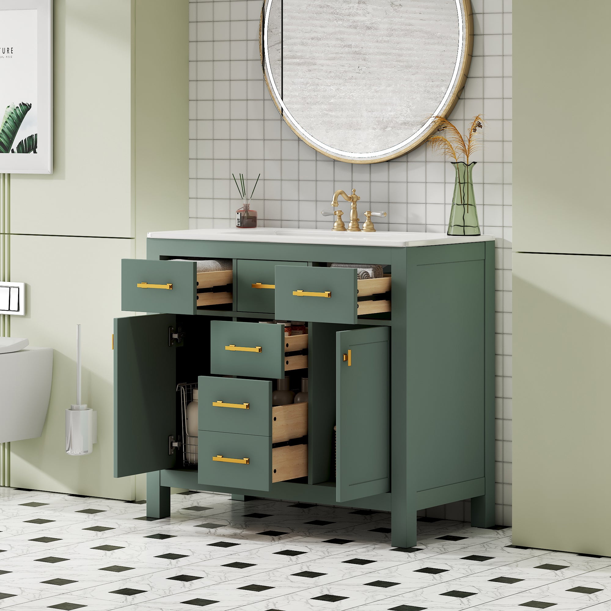 KZG 36in modern green bathroom vanity with ceramic sink and soft-close doors — image 6