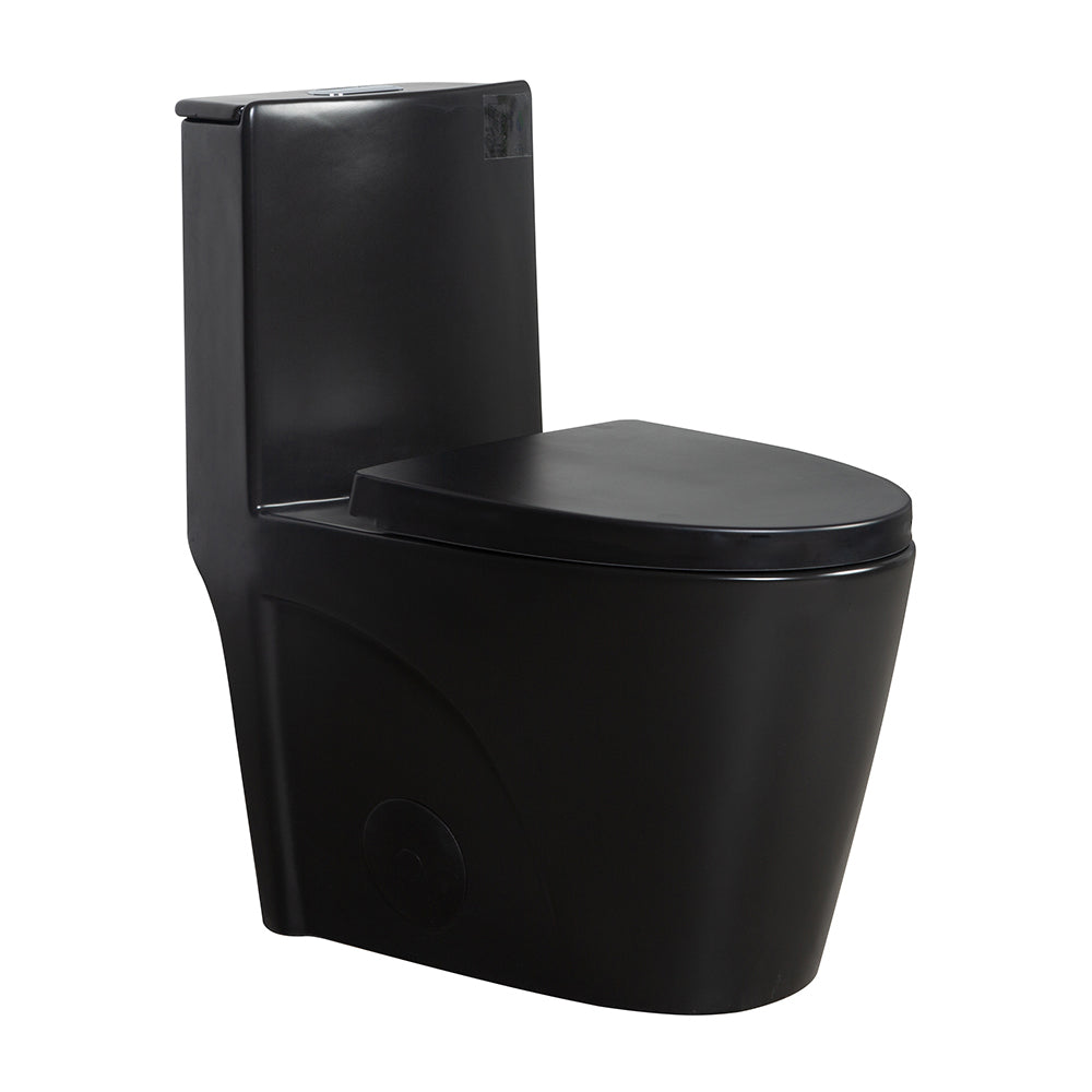 KZG one-piece elongated comfort height toilet in black ceramic with dual-flush and soft-closing seat — image 1