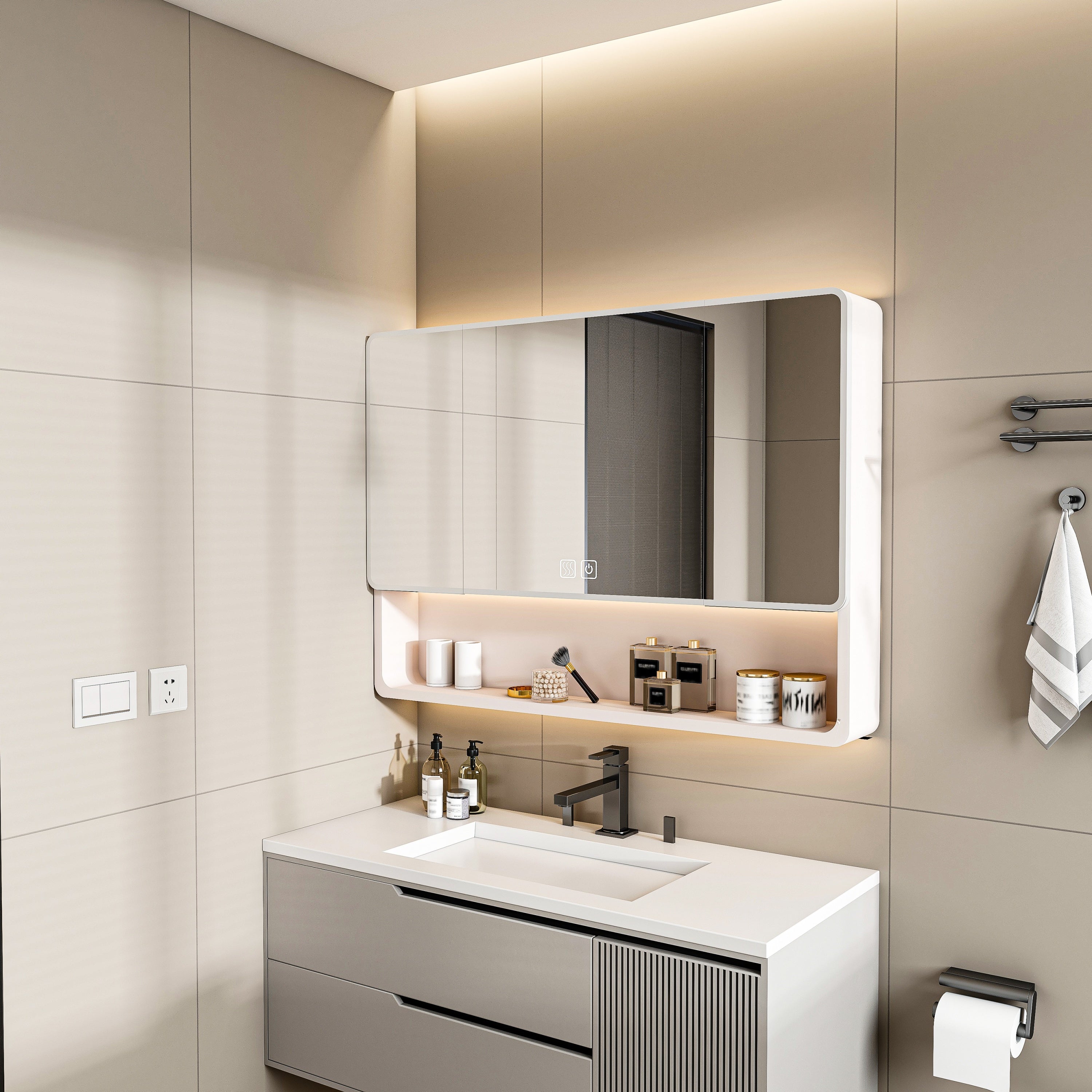 KZG 35 x 28 inch khaki aluminum LED medicine cabinet mirror with defogging function — image 4