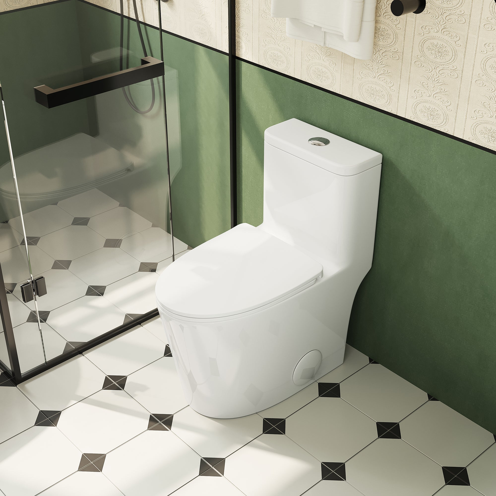 White elongated comfort height one-piece toilet with soft-close seat — image 3