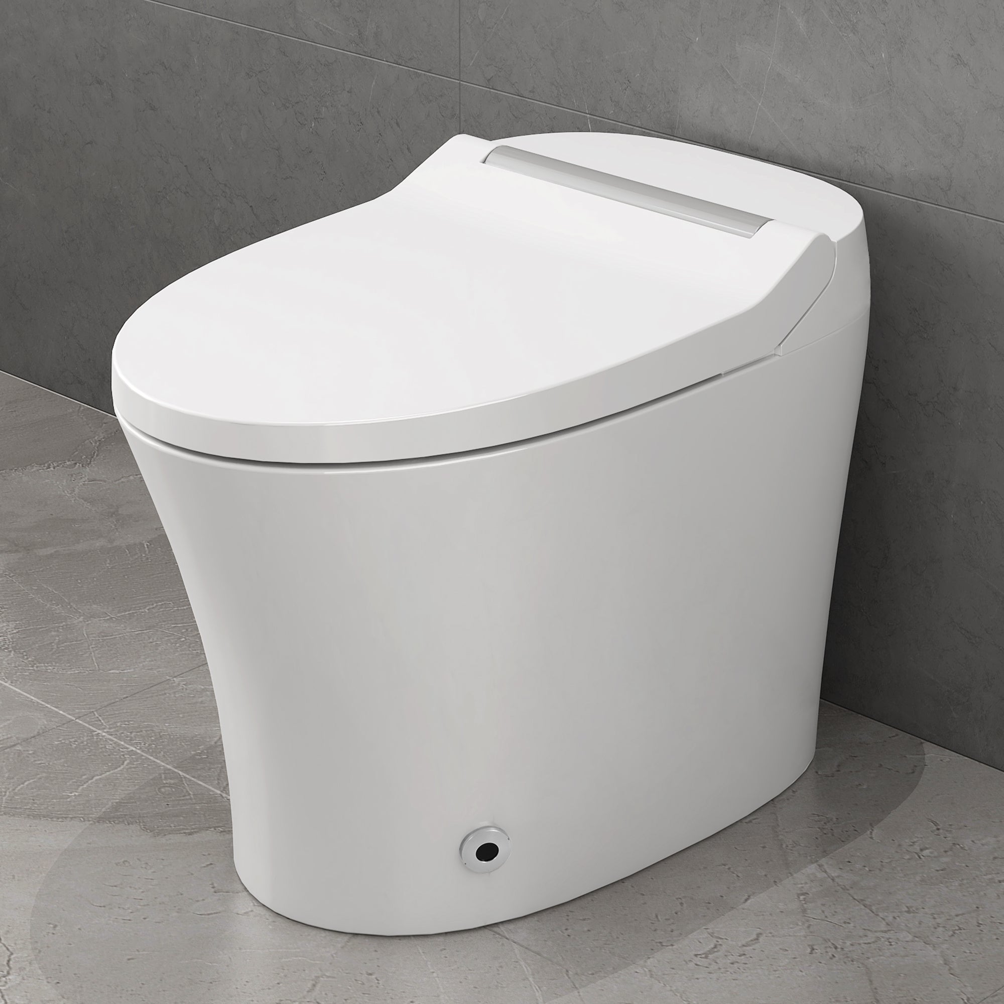 KZG smart elongated toilet with heated seat, foot sensor flush, and night light in white and silver — image 1
