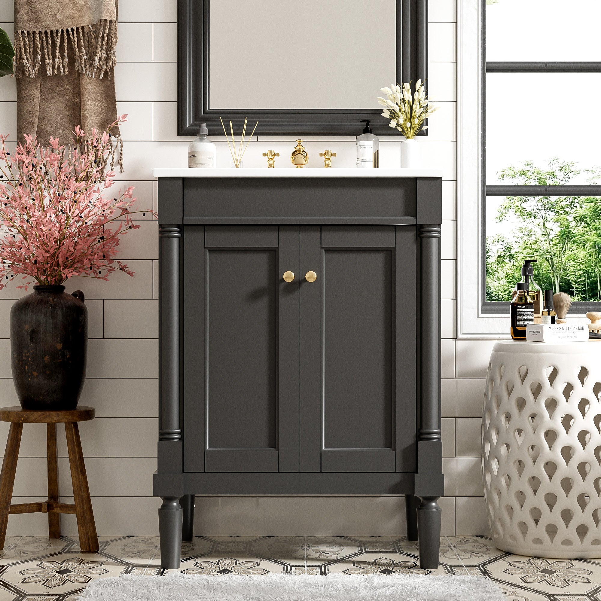 Matte black bathroom vanity with ceramic basin, 24 inches — image 6