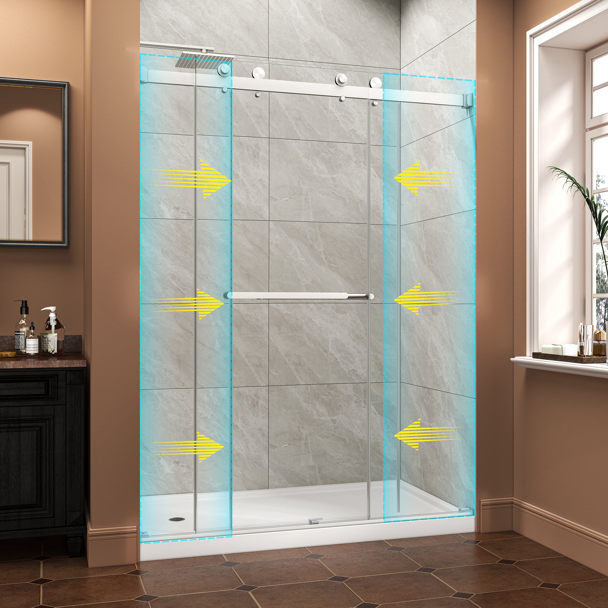 KZG 55-60 inch reversible bypass frameless shower door in brushed nickel with tempered glass — image 2