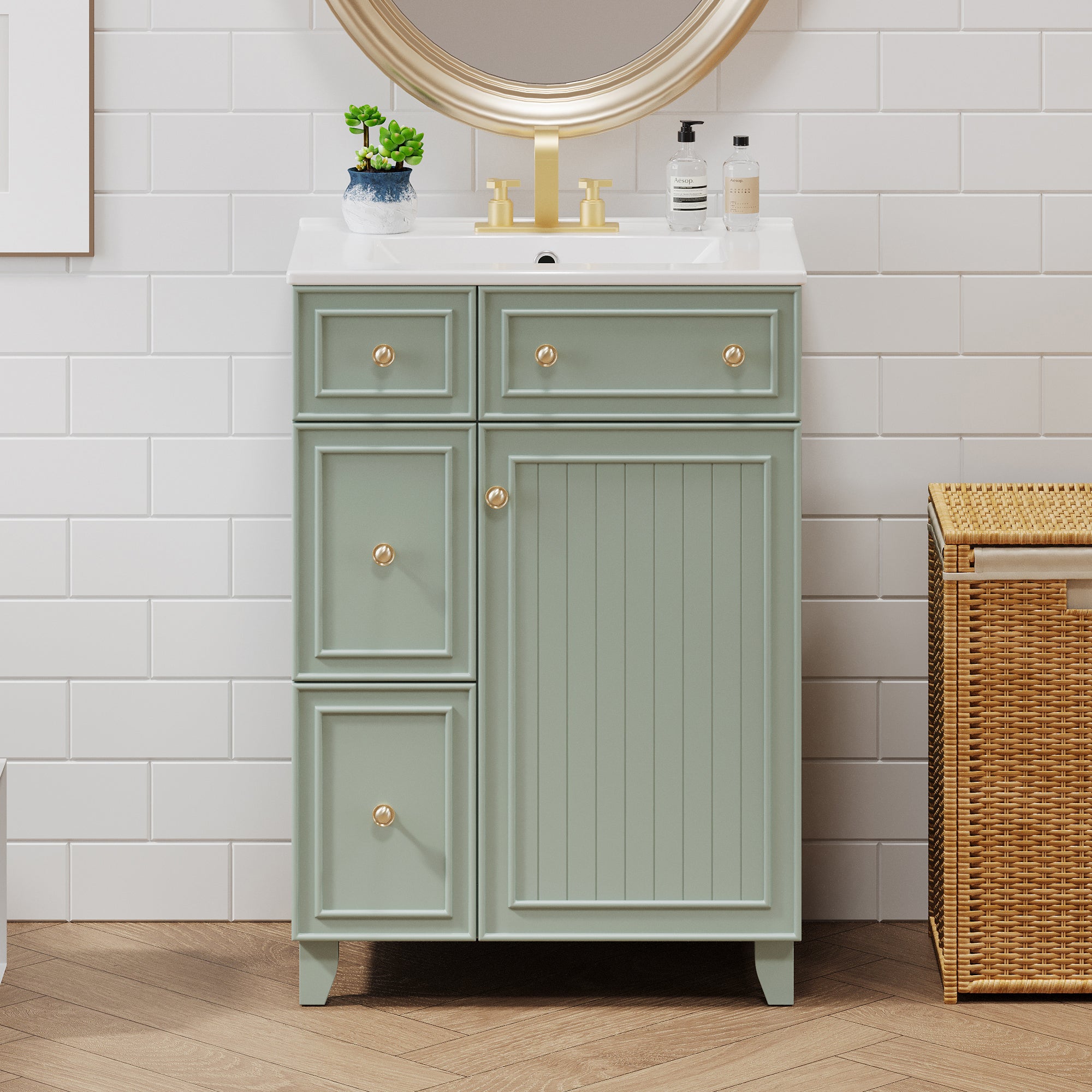 KZG 24-inch green transitional bathroom vanity cabinet with ceramic sink — image 2