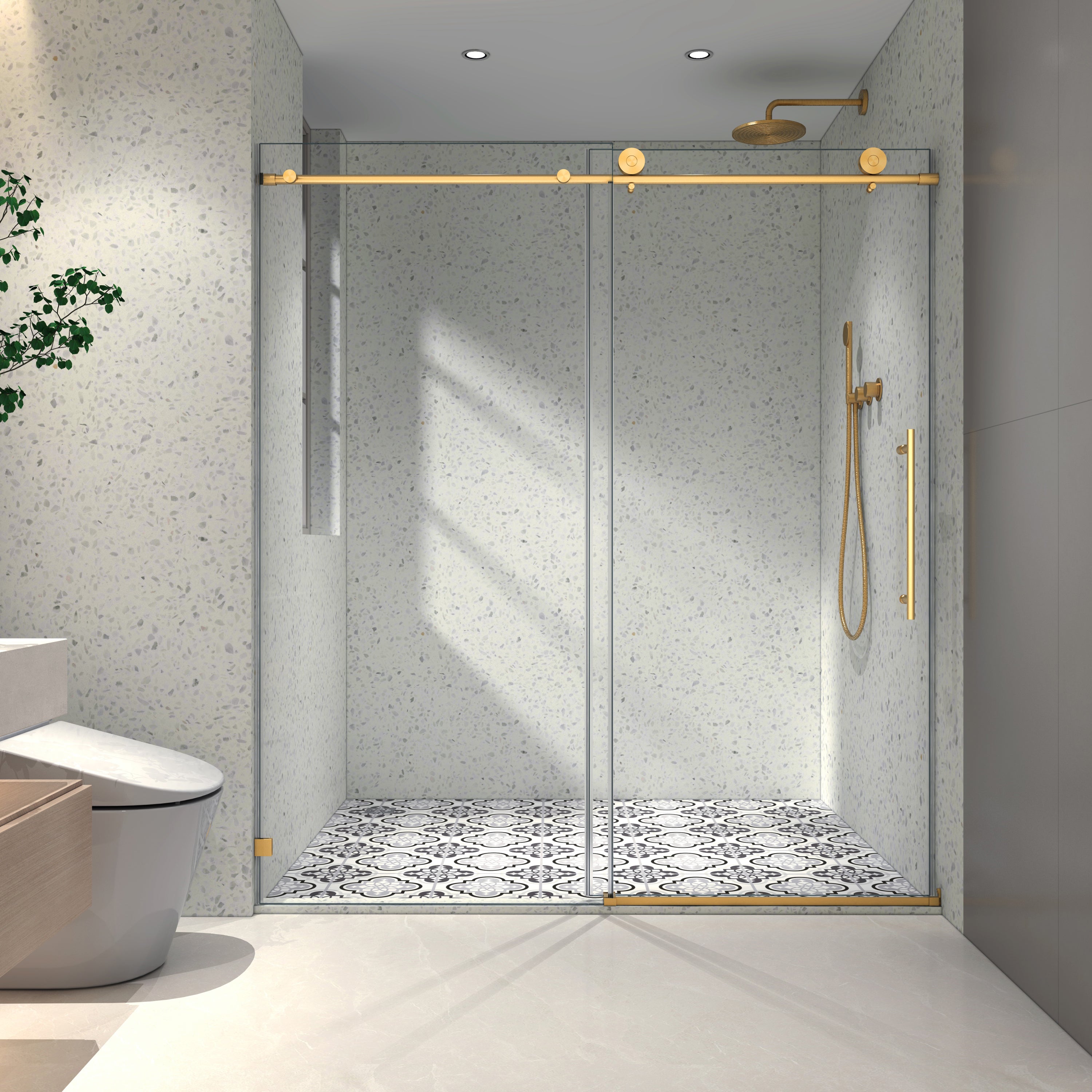 Brushed gold frameless sliding shower door with soft-close hardware — image 1