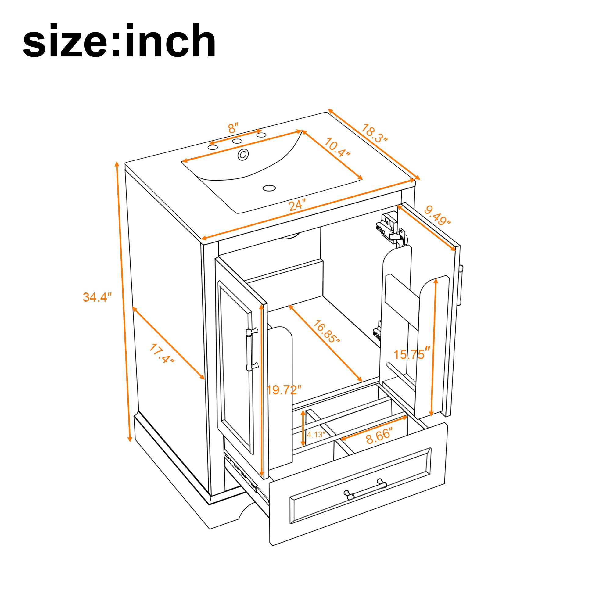 KZG 24-inch modern black bathroom vanity with ceramic sink and soft-close doors — image 3