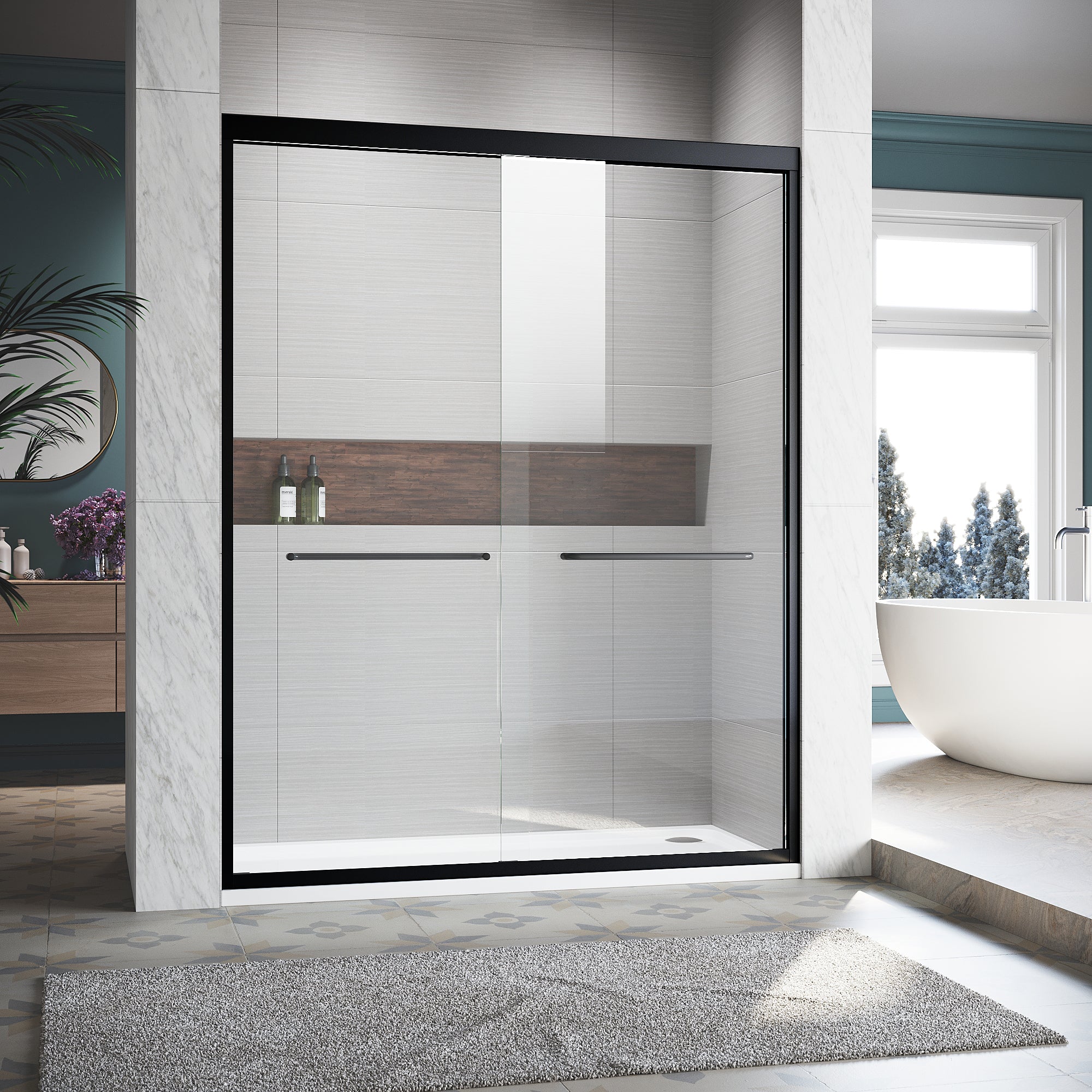 Matte black semi-frameless sliding shower door with clear tempered glass — image 1